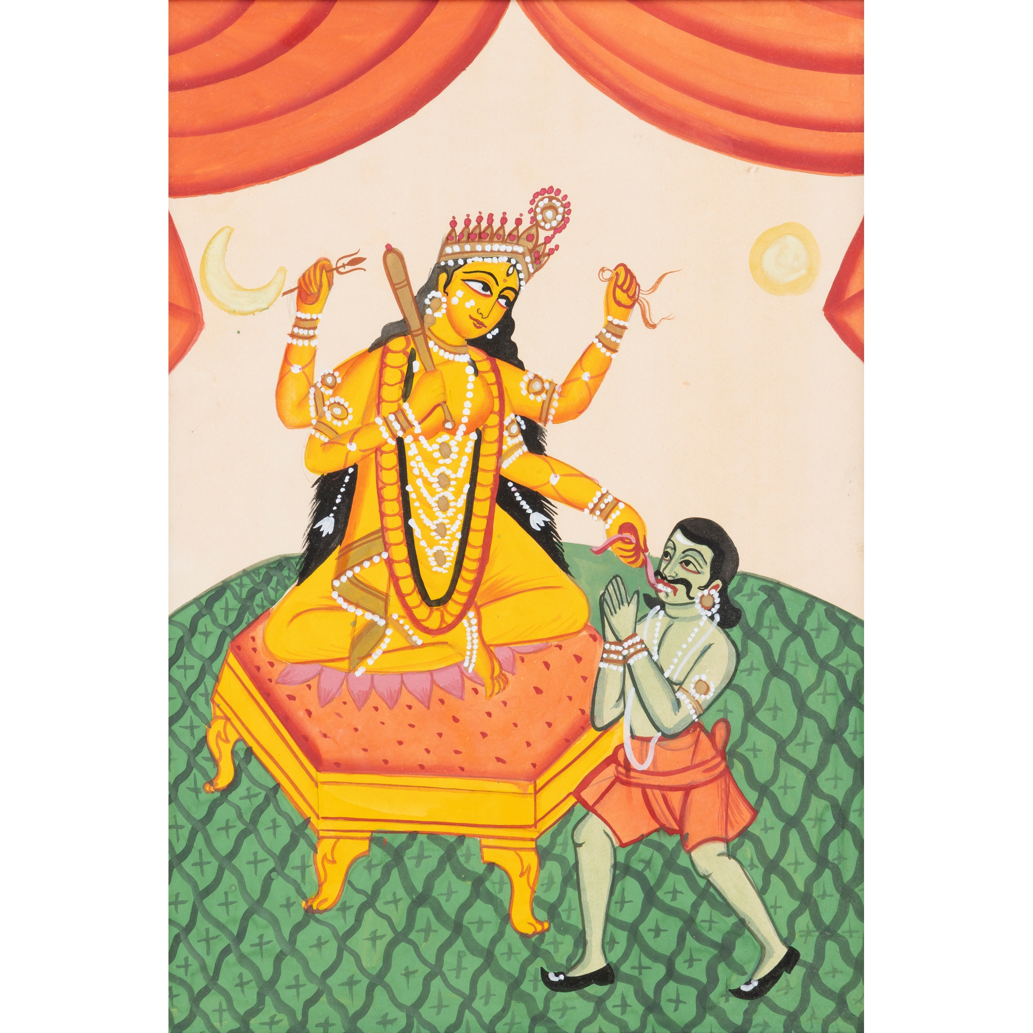 A KALIGHAT PAINTING OF KALI ON A THRONE WITH A DEMON