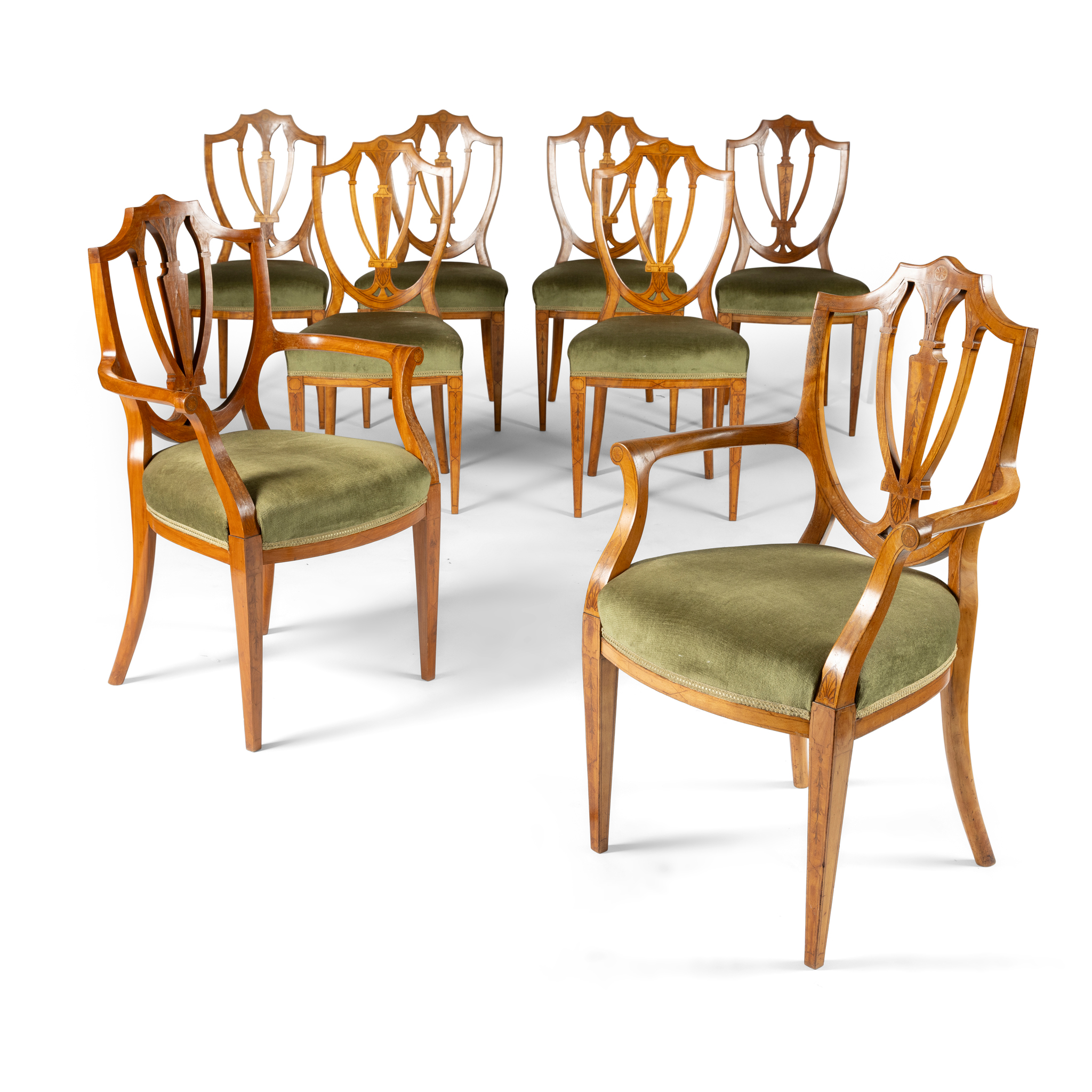 A SET OF EIGHT SOLID SATINWOOD AND INLAID DINING CHAIRS