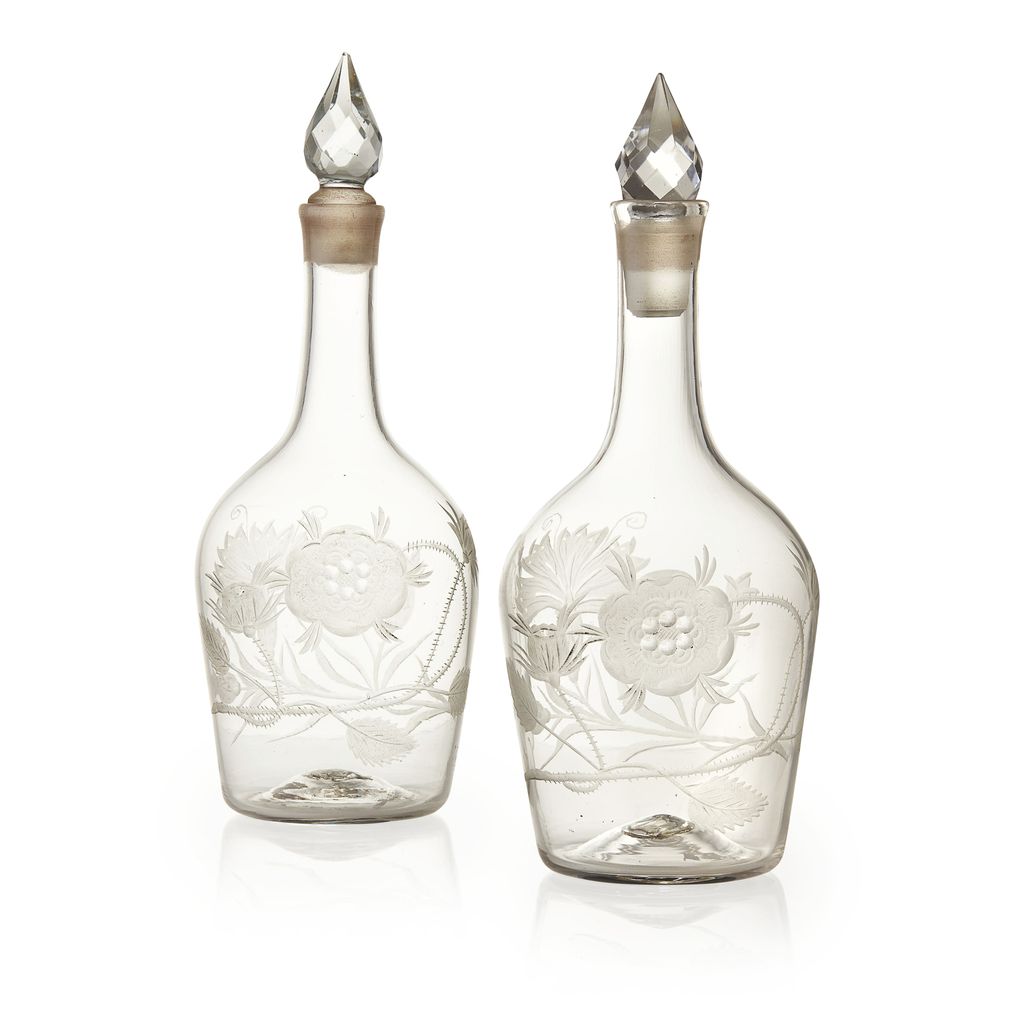 RARE PAIR OF JACOBITE GLASS DECANTERS