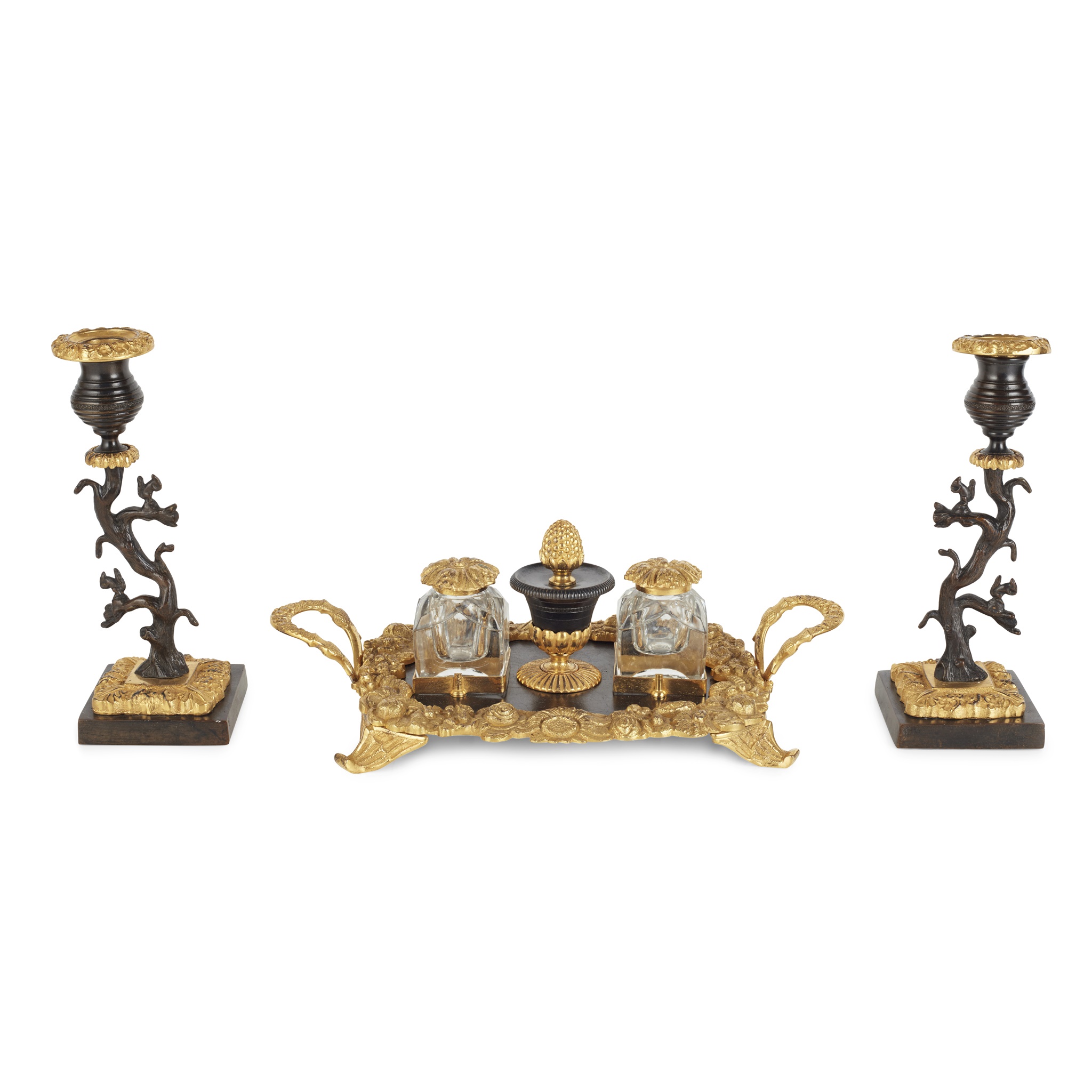 LATE REGENCY GILT AND PATINATED BRONZE INKSTAND AND CANDLESTICKS