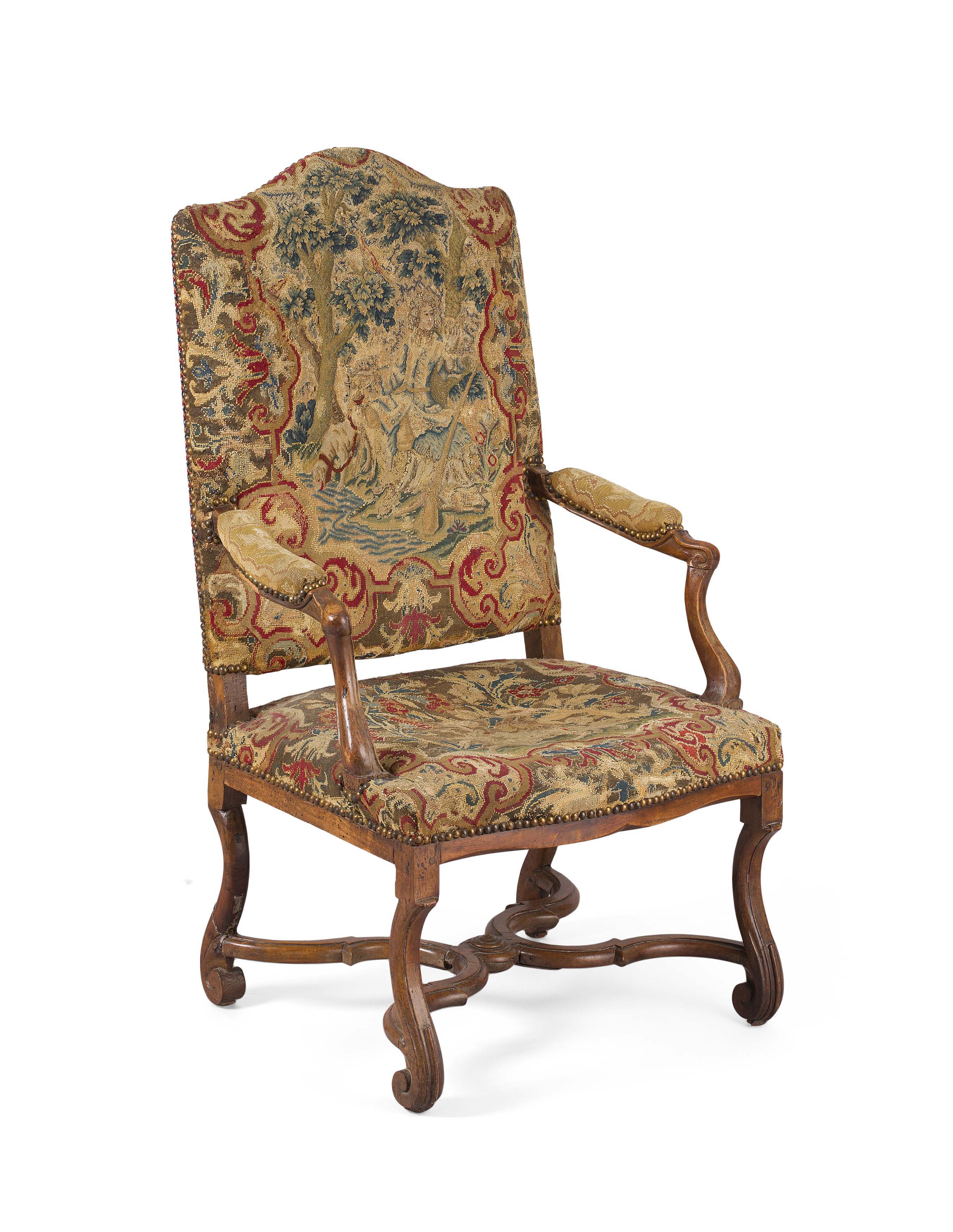 FRENCH WALNUT AND NEEDLEWORK UPHOLSTERED ARMCHAIR