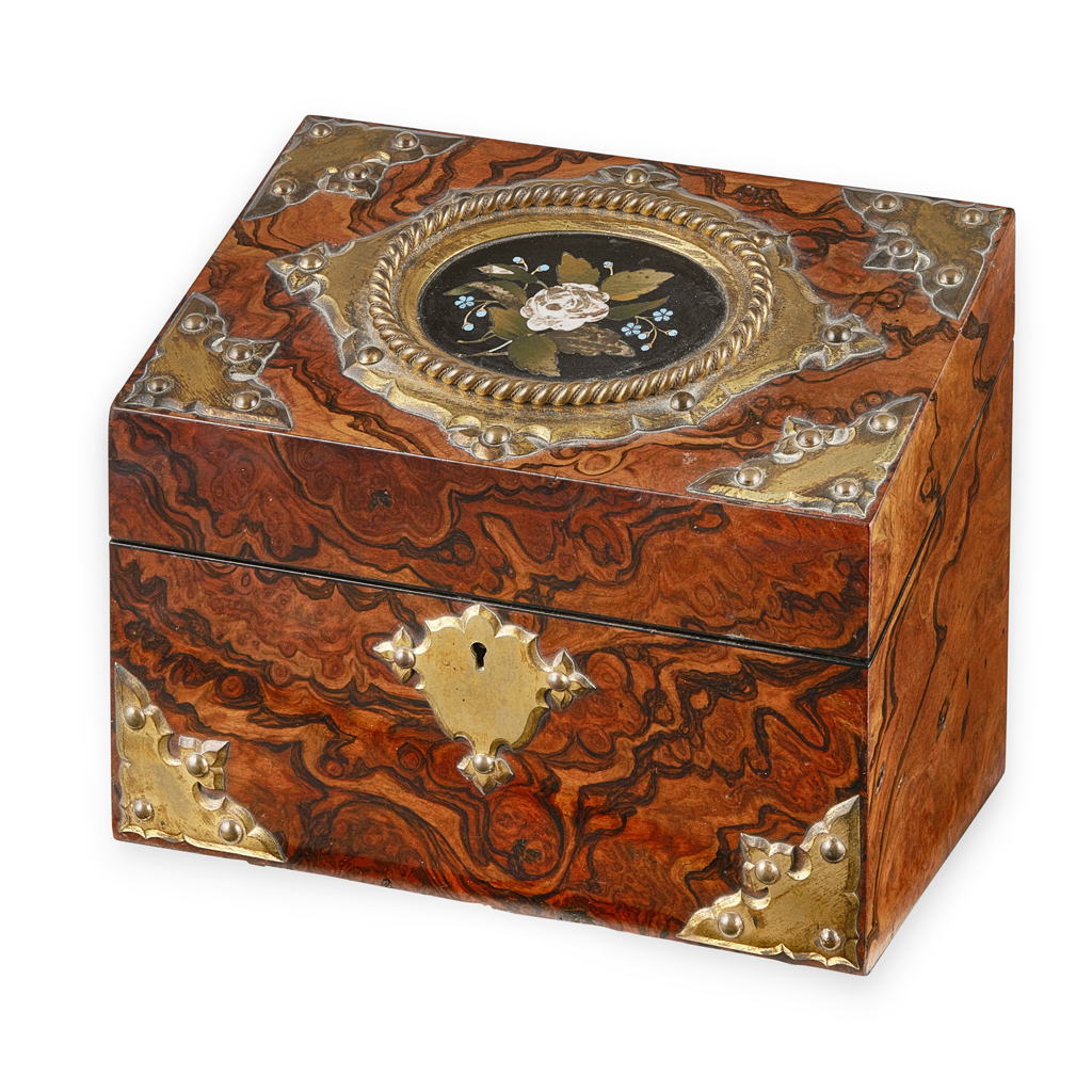 VICTORIAN GRAIN PAINTED WALNUT BRASS MOUNTED STATIONERY BOX