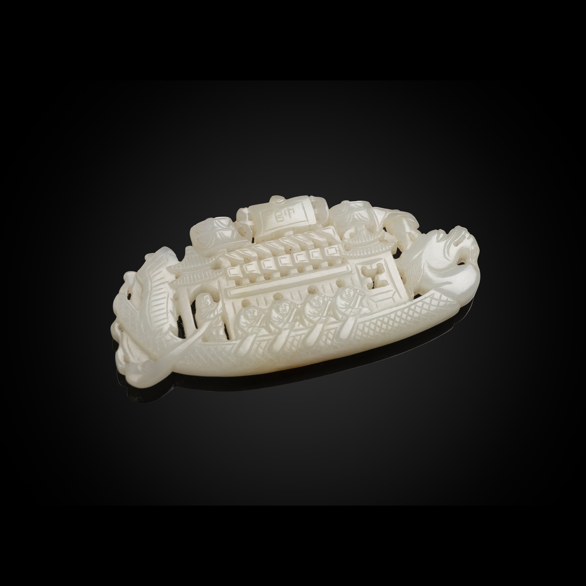WHITE JADE RETICULATED 'DRAGON BOAT' PLAQUE