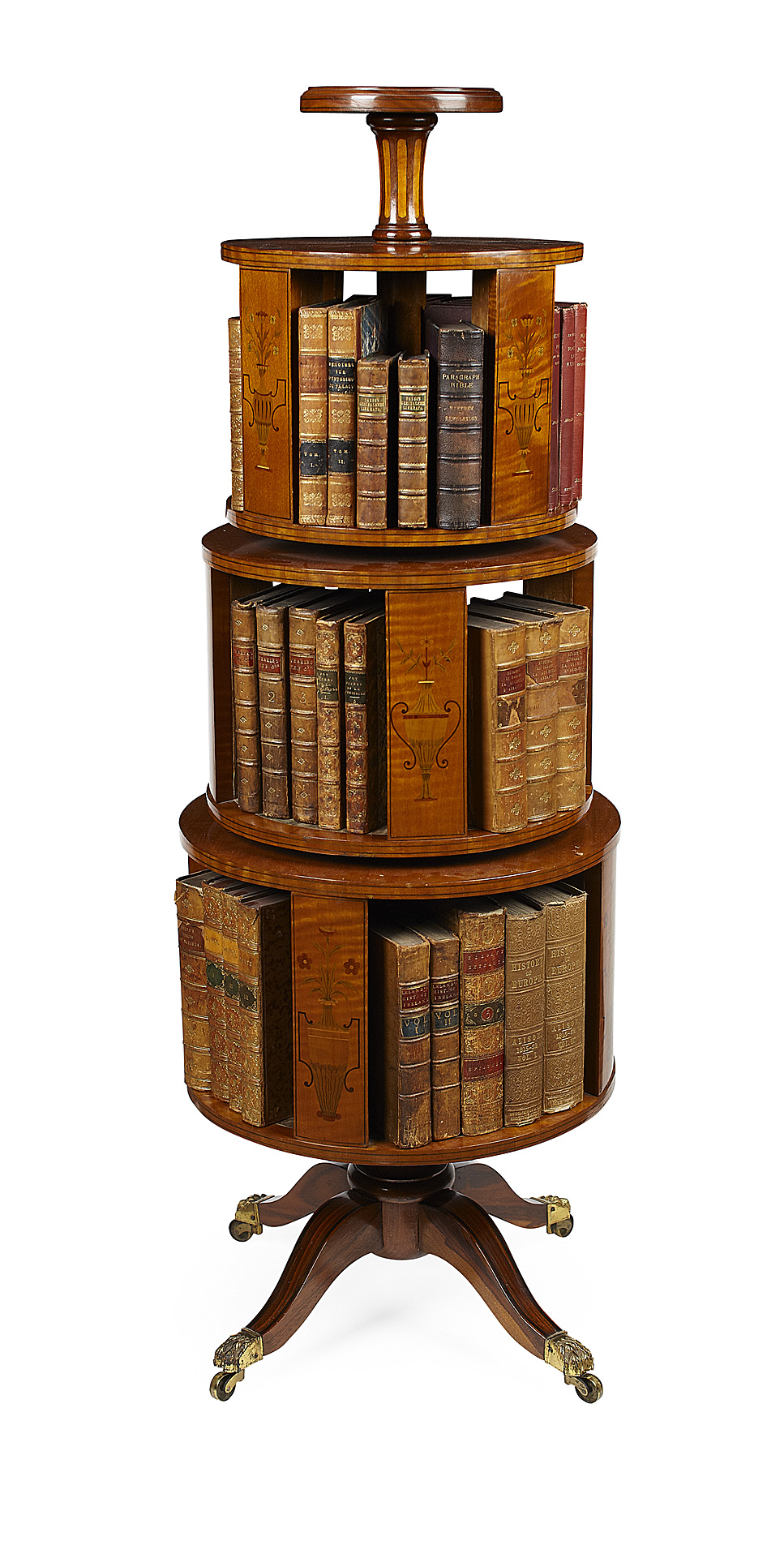 EDWARDIAN SATINWOOD AND MARQUETRY INLAID CIRCULAR TIERED REVOLVING BOOKSHELF