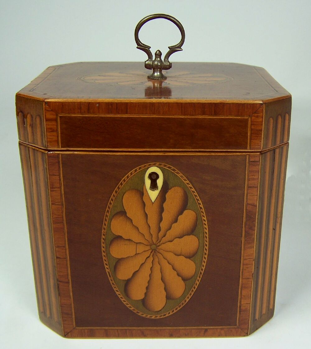 A George III harewood and marquetry tea caddy