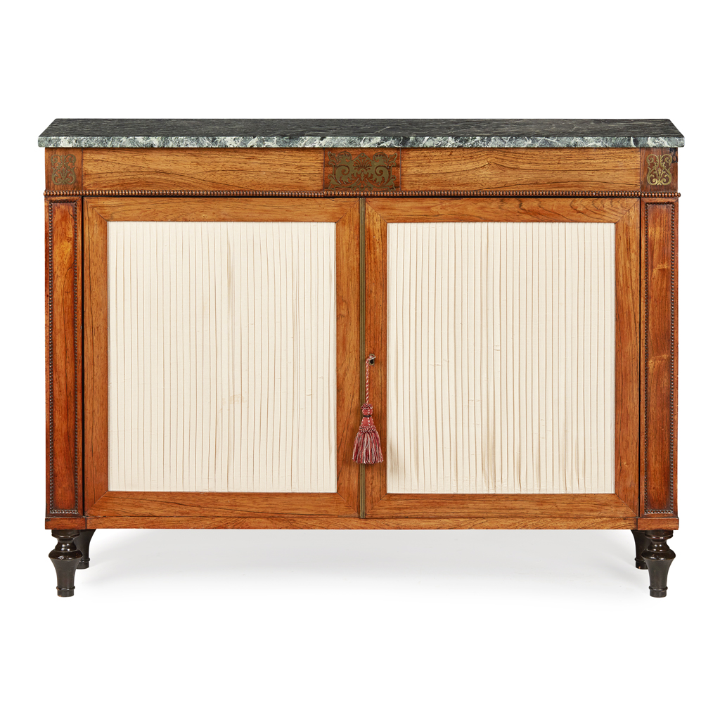 REGENCY ROSEWOOD AND BRASS INLAID MARBLE TOP SIDE CABINET