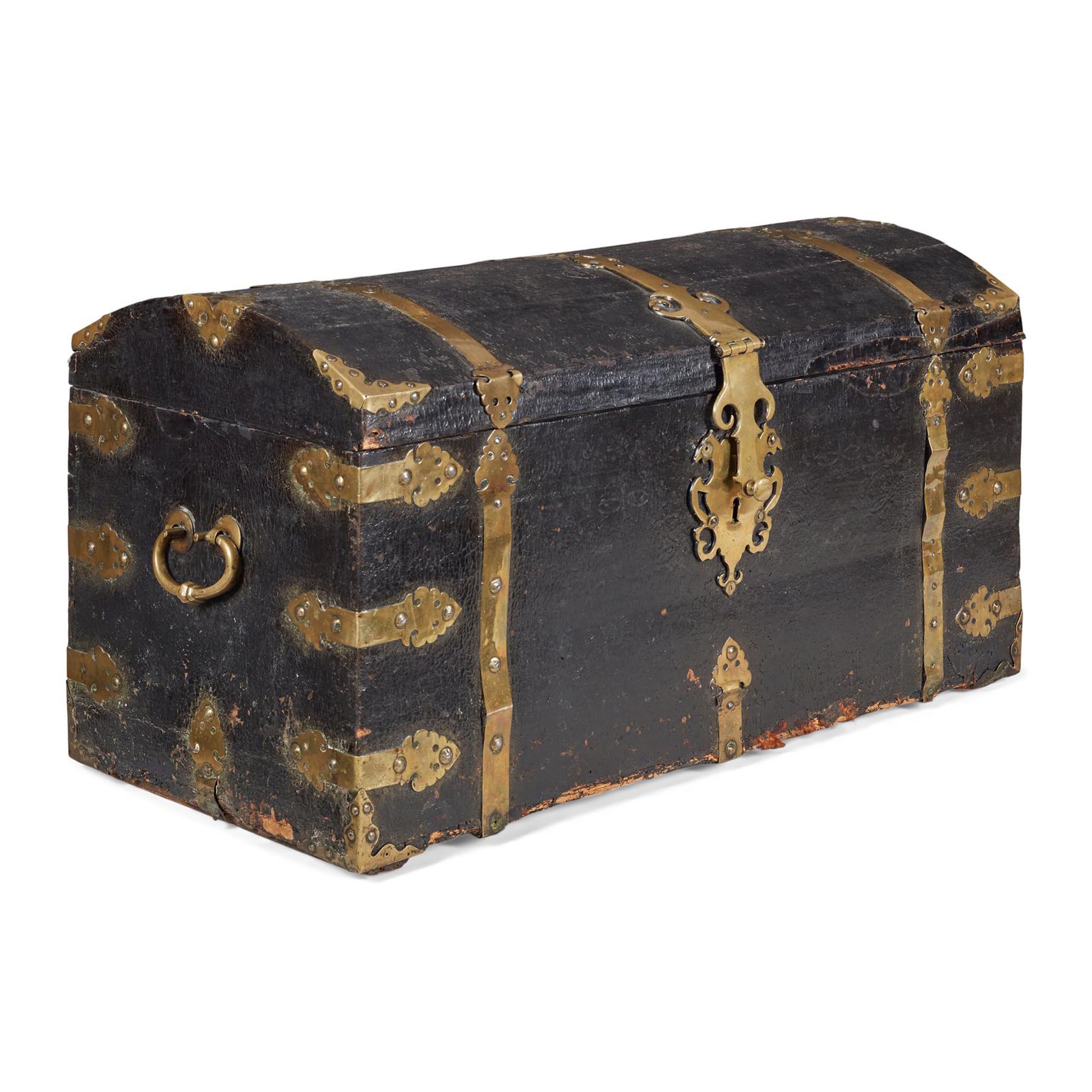 LEATHER AND BRASS BANDED DOMED CHEST