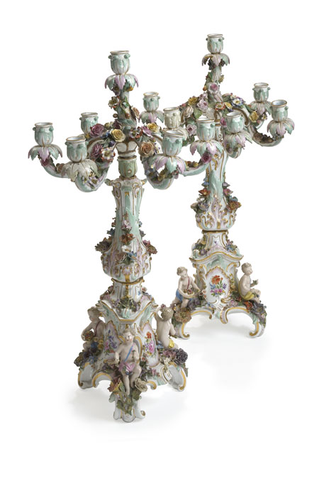 A pair of 19th century Meissen six light candelabra