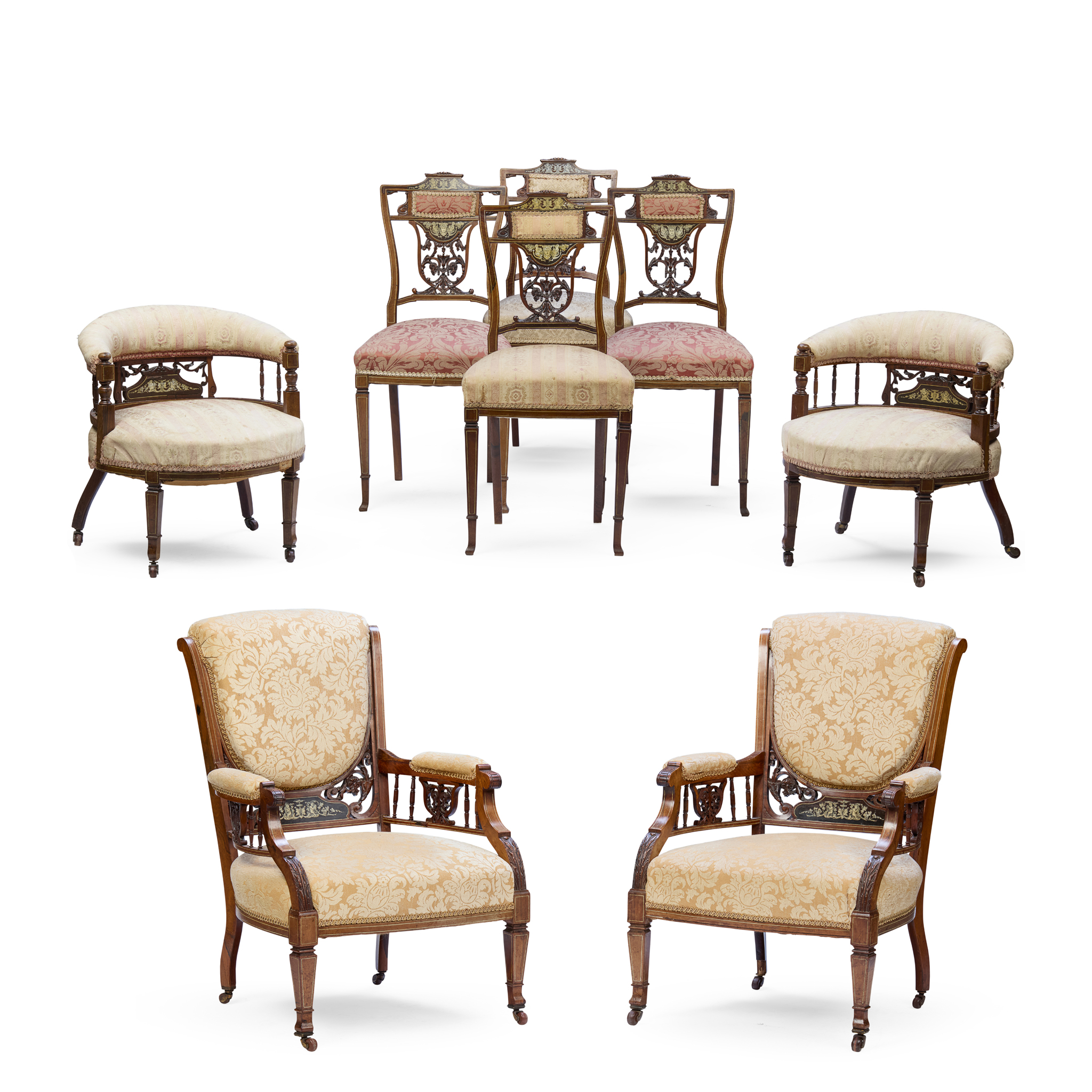 EDWARDIAN ROSEWOOD, MARQUETRY, AND IVORY INLAID EIGHT PIECE PARLOUR SUITE