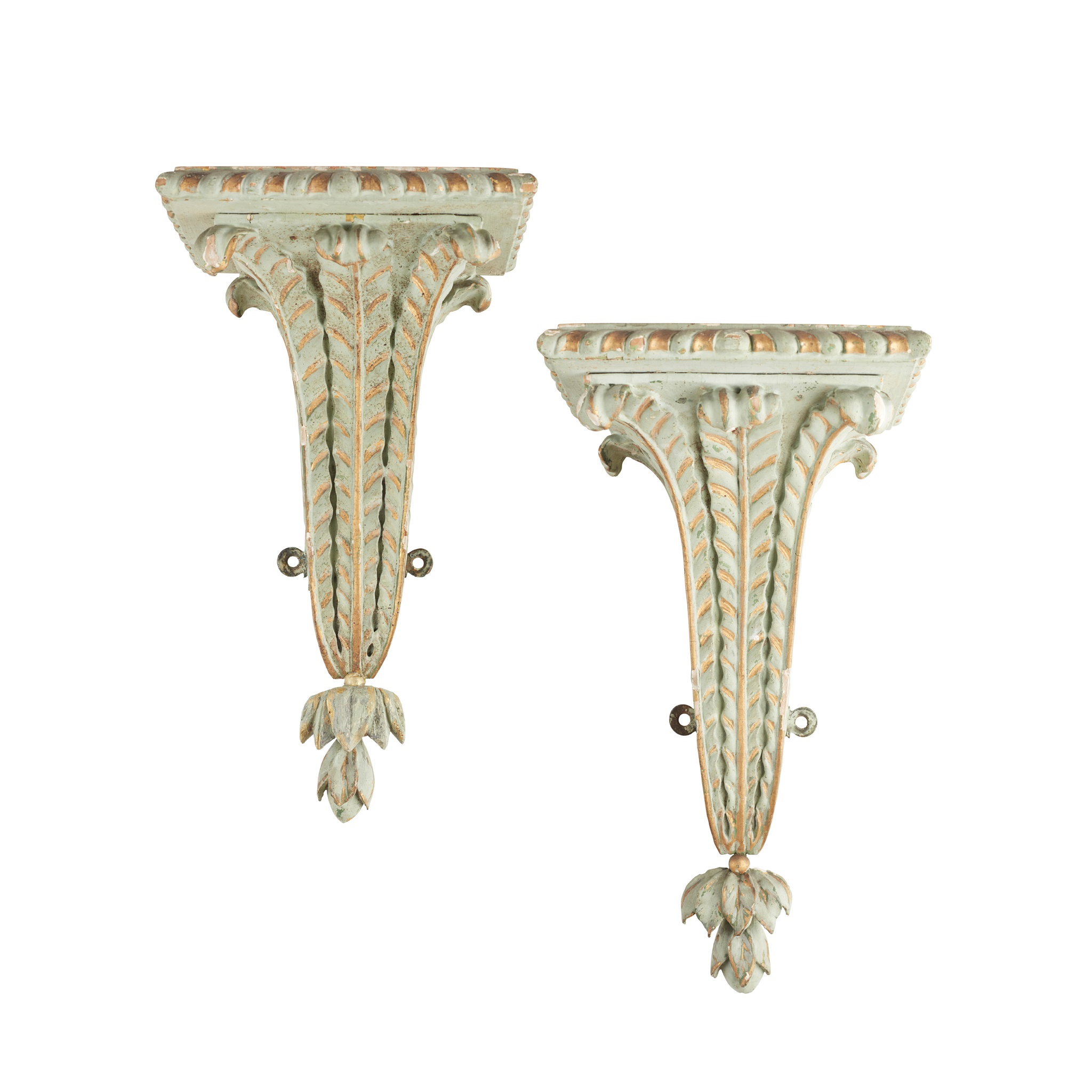 PAIR OF GEORGIAN PAINTED AND GILT GESSO BRACKETS