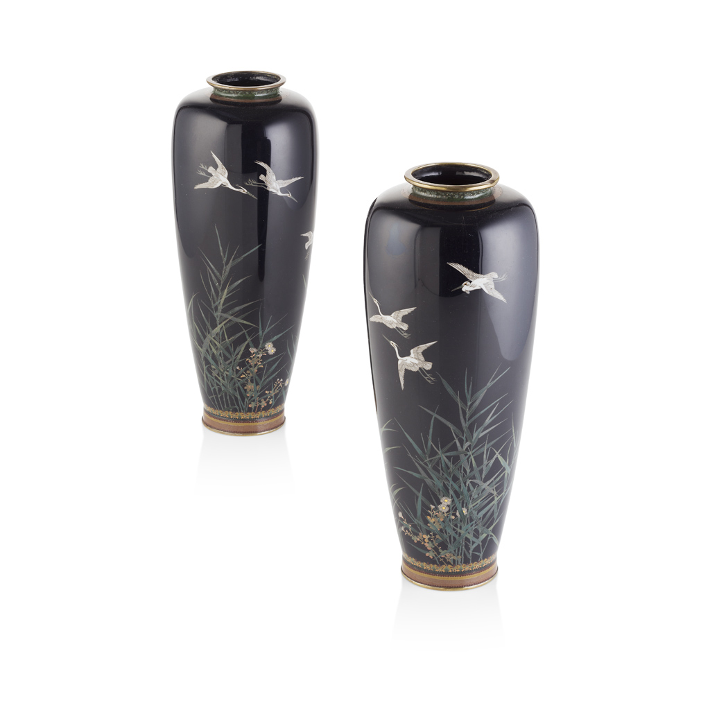 PAIR OF MIDNIGHT-BLUE GROUND CLOISONNÉ ENAMEL VASES