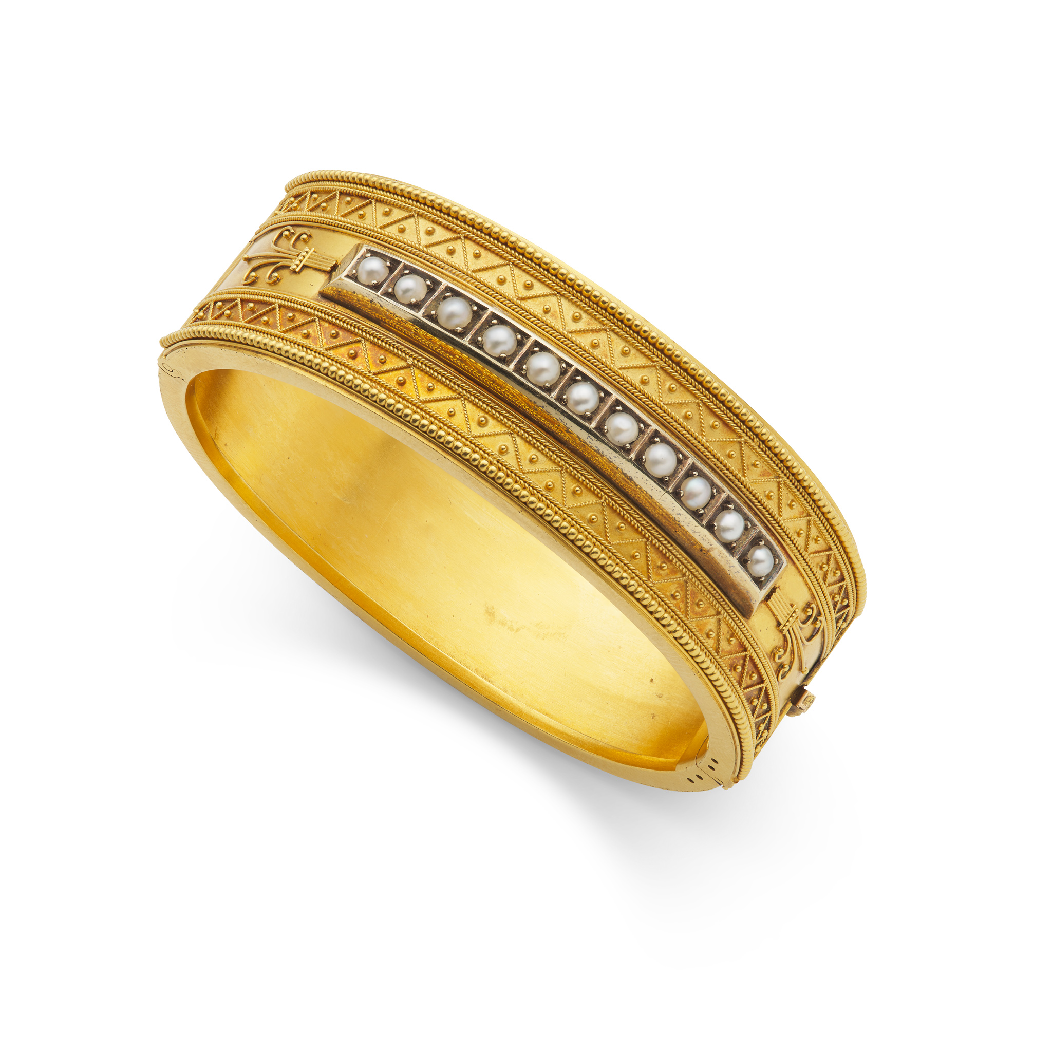 An Etruscan Revival pearl bangle, circa 1865