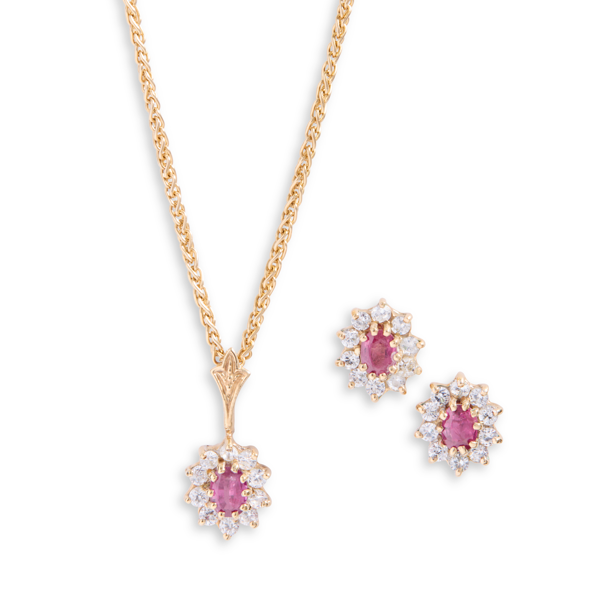 A ruby and paste pendant necklace and matching earrings