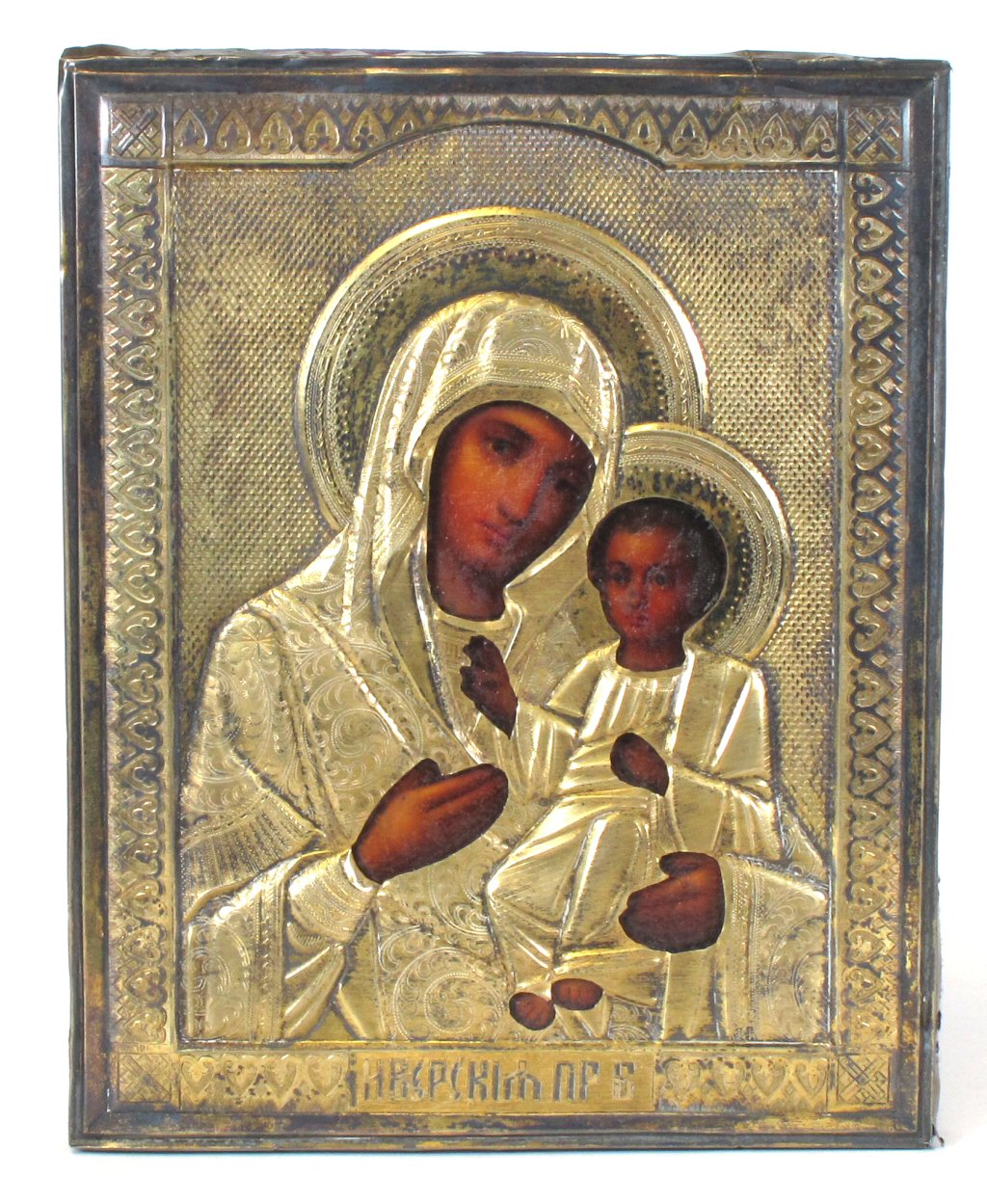 RUSSIAN SILVER AND PAINTED WOOD ICON