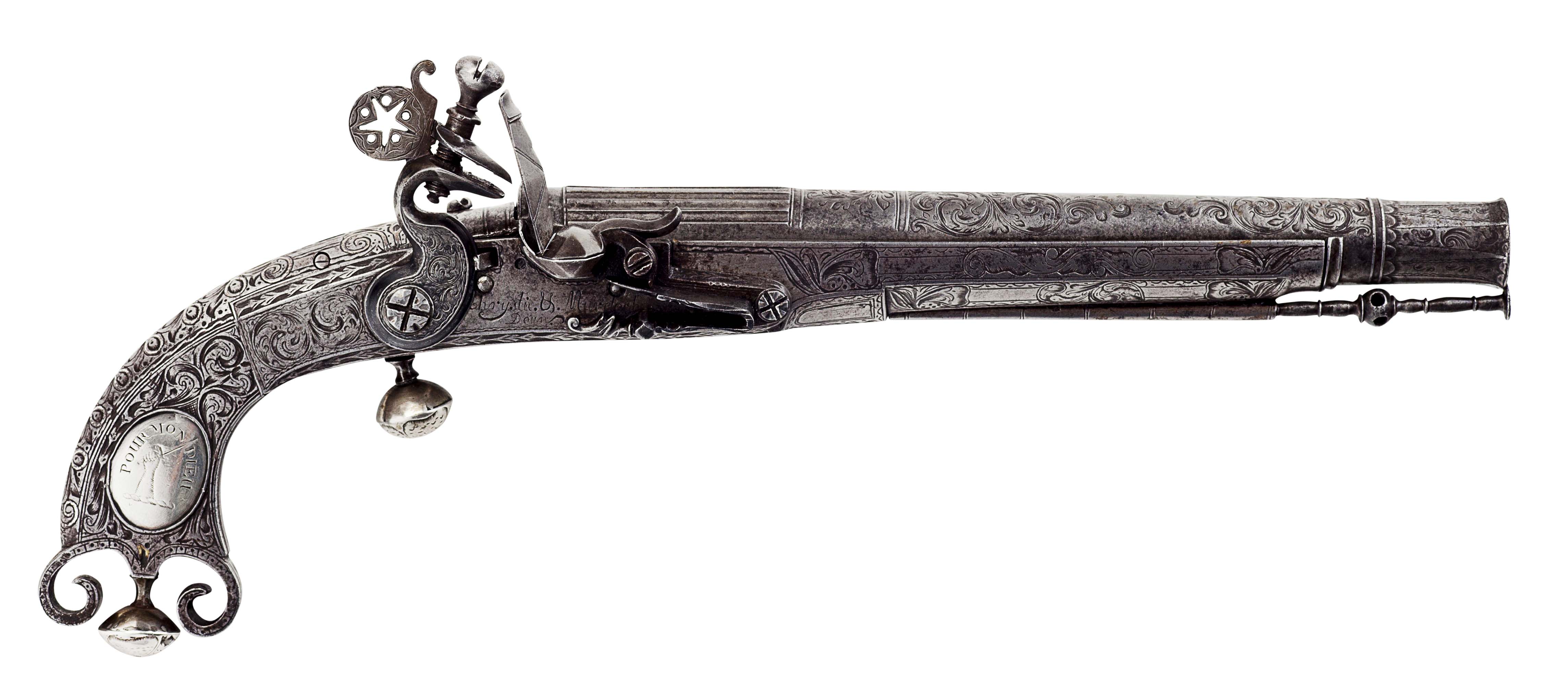 A Scottish steel and silver scroll butt belt pistol the lock