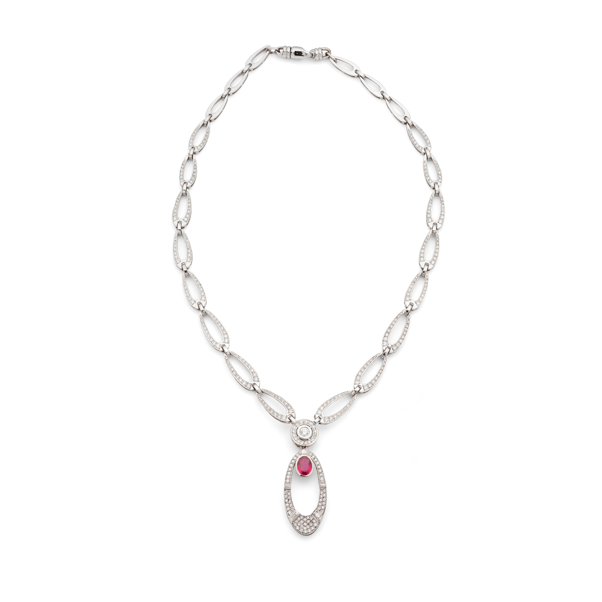 A bespoke ruby and diamond pendant necklace