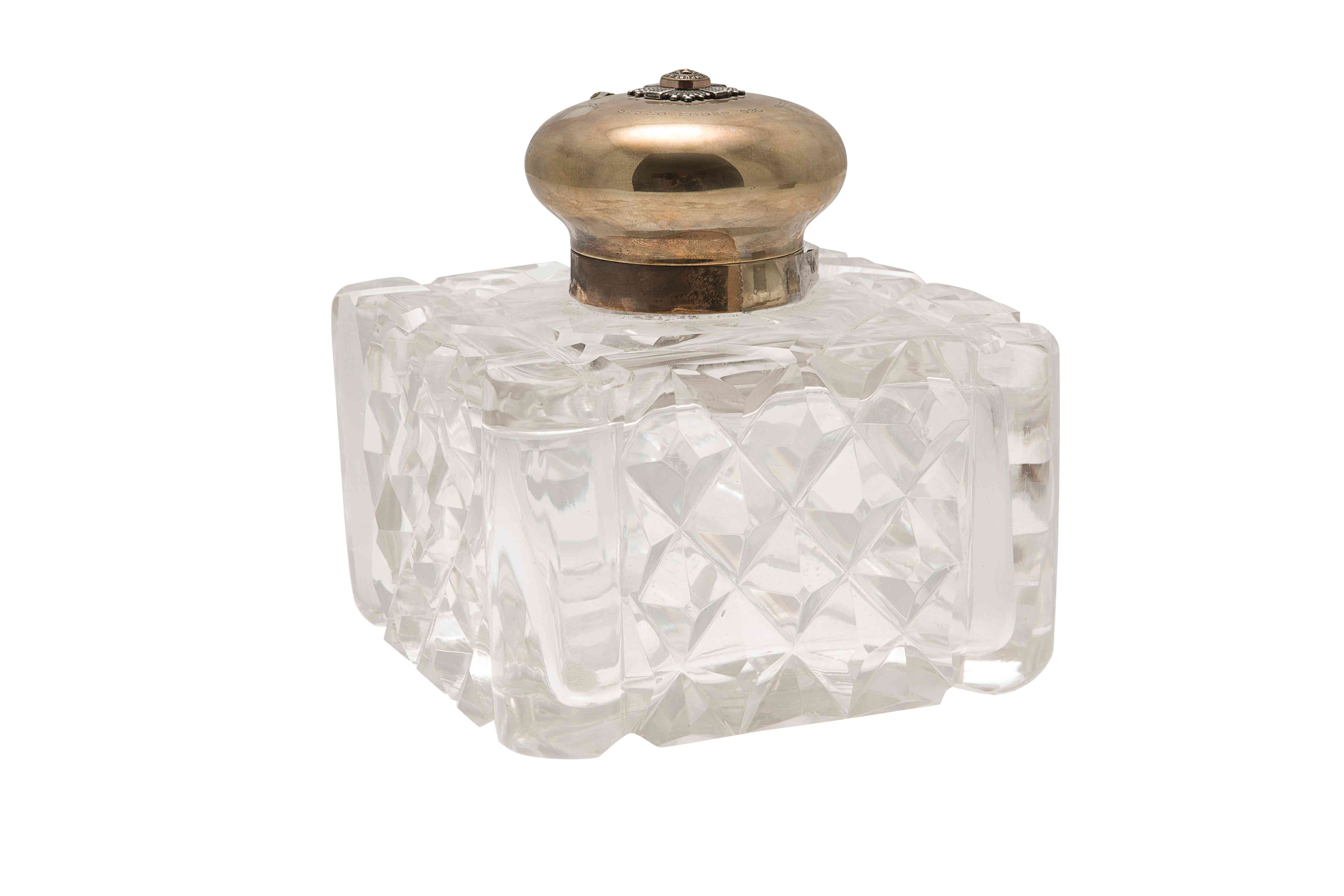 ROYAL SCOTS - A gold mounted large glass table inkwell