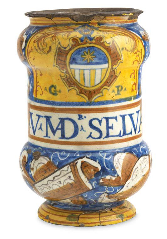 A 17th century Italian maiolica armorial albarello, dated 1638 Possibly from Pesaro or Castel Durante