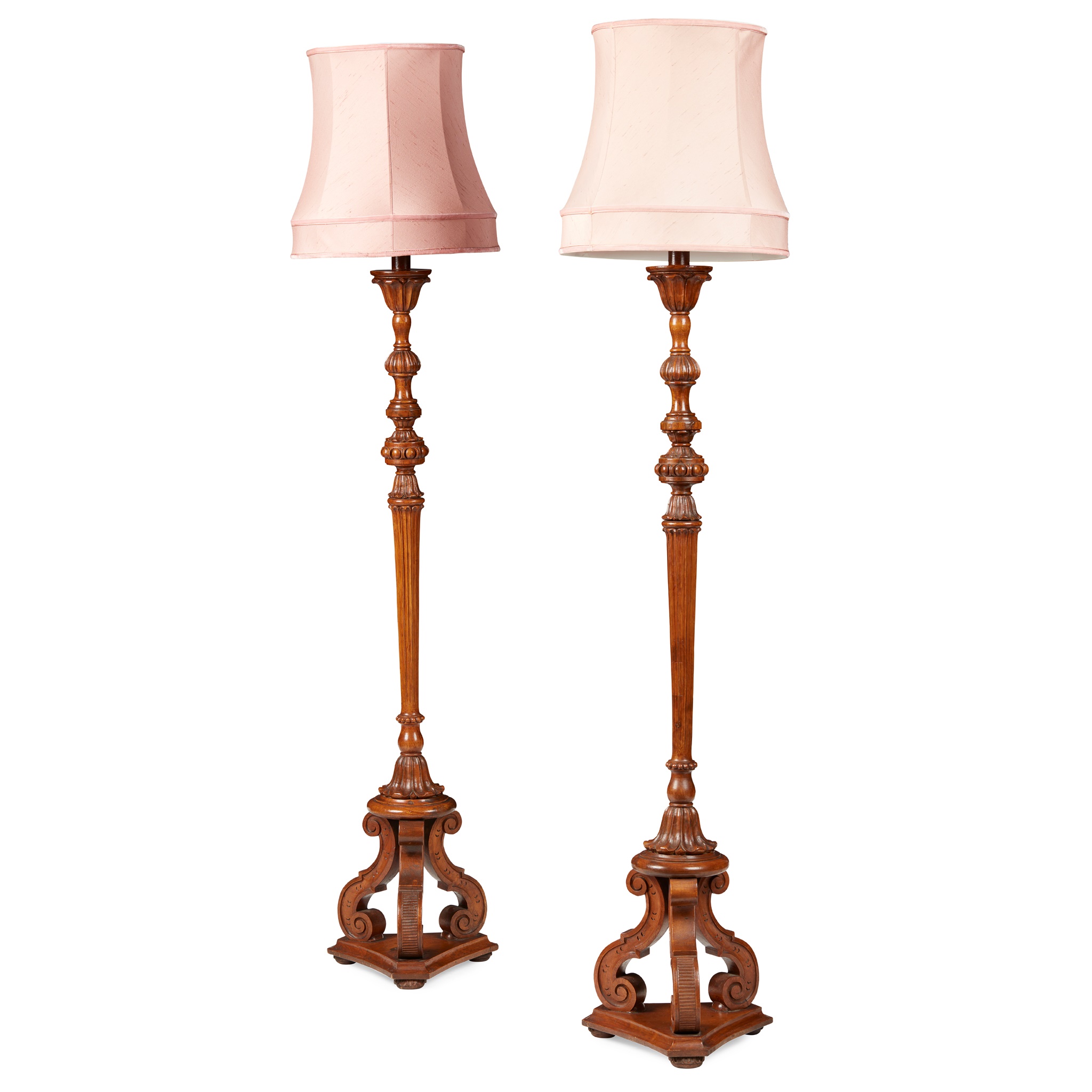 PAIR OF GEORGE II STYLE CARVED WALNUT STANDARD LAMPS
