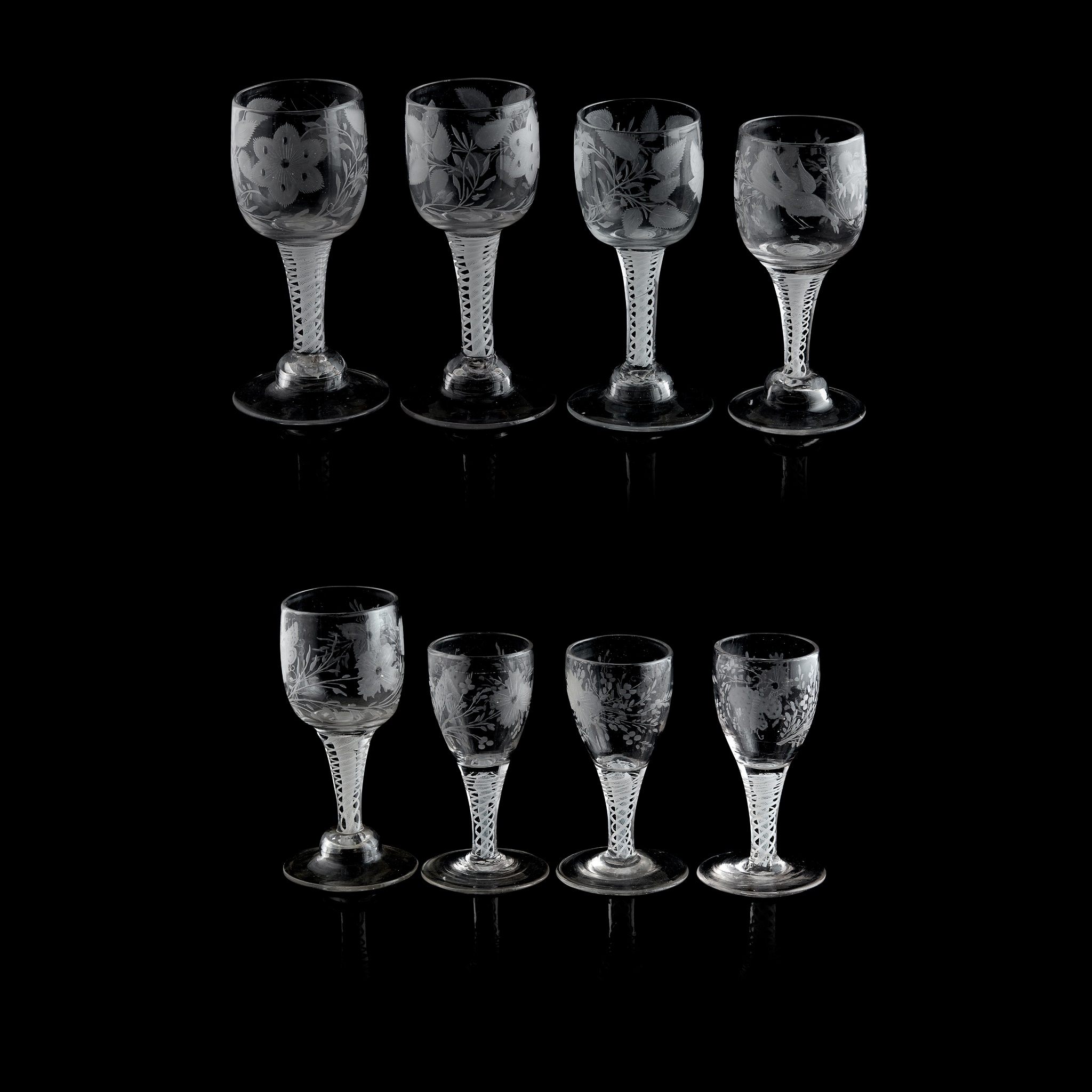 EIGHT DUTCH OPAQUE-TWIST STEM WINE GLASSES