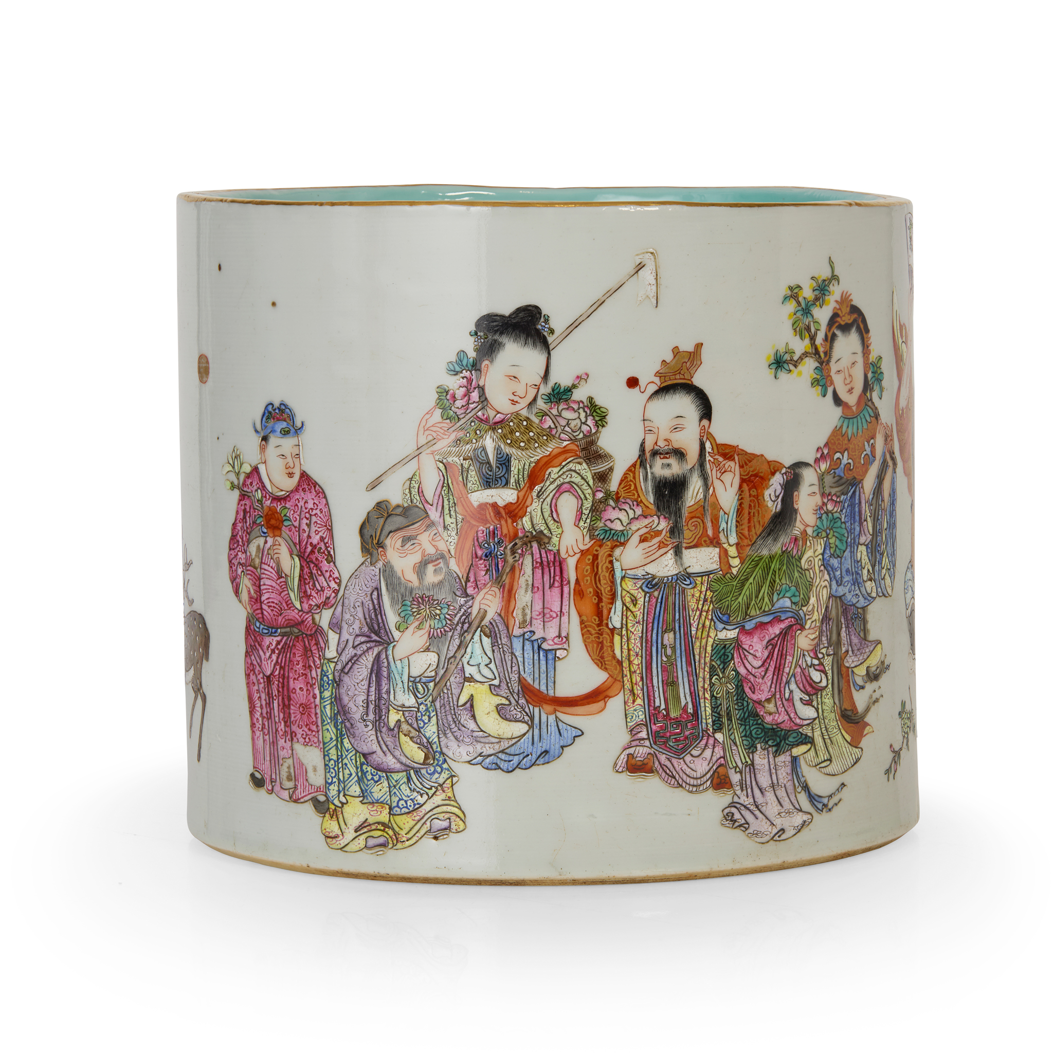 CHINESE FAMILLE ROSE 'IMMORTAL' BRUSH POT