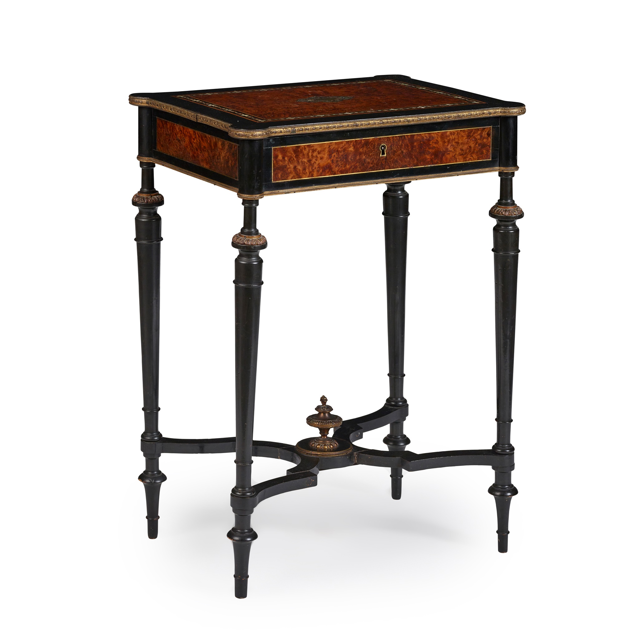 VICTORIAN AMBOYNA, ROSEWOOD, EBONISED, BRASS AND MOTHER-OF-PEARL WORK TABLE