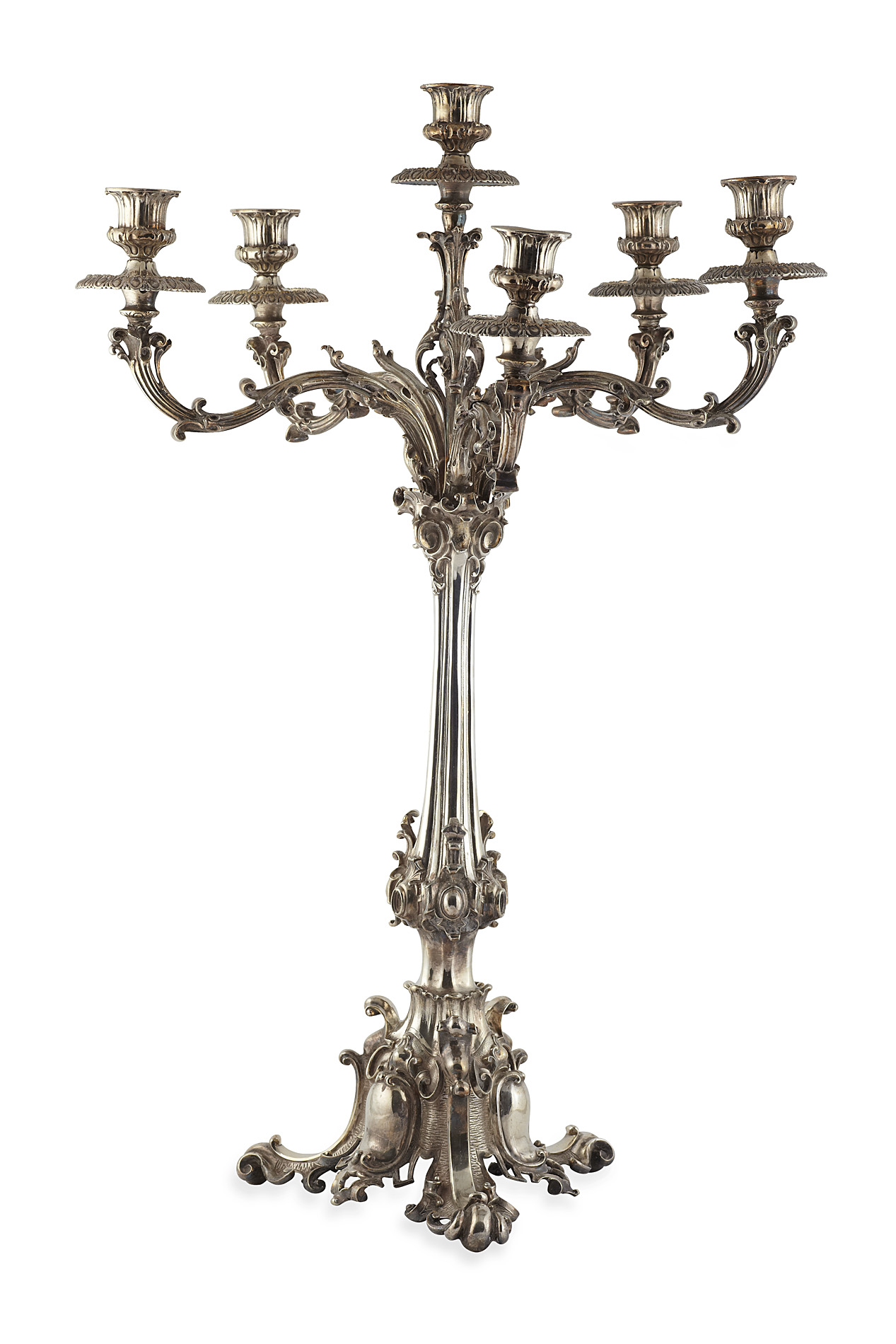 A Victorian silver plated six light candelabra
