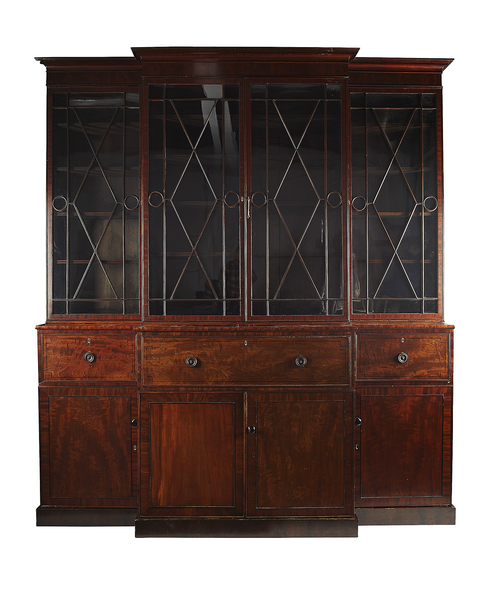 REGENCY MAHOGANY AND EBONY INLAID LIBRARY BREAKFRONT SECRETAIRE BOOKCASE
