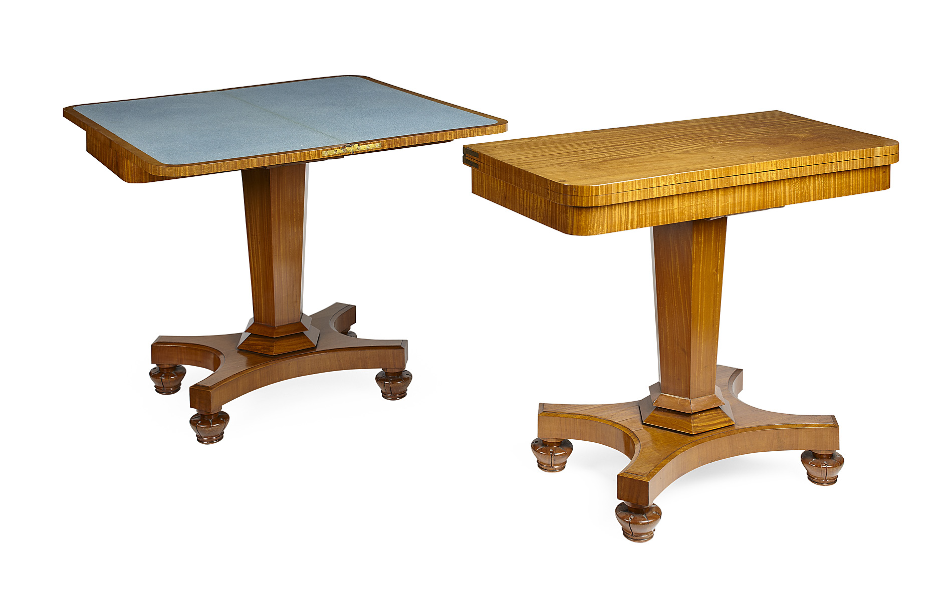 PAIR OF EARLY VICTORIAN SATINWOOD FOLDOVER GAMES TABLES