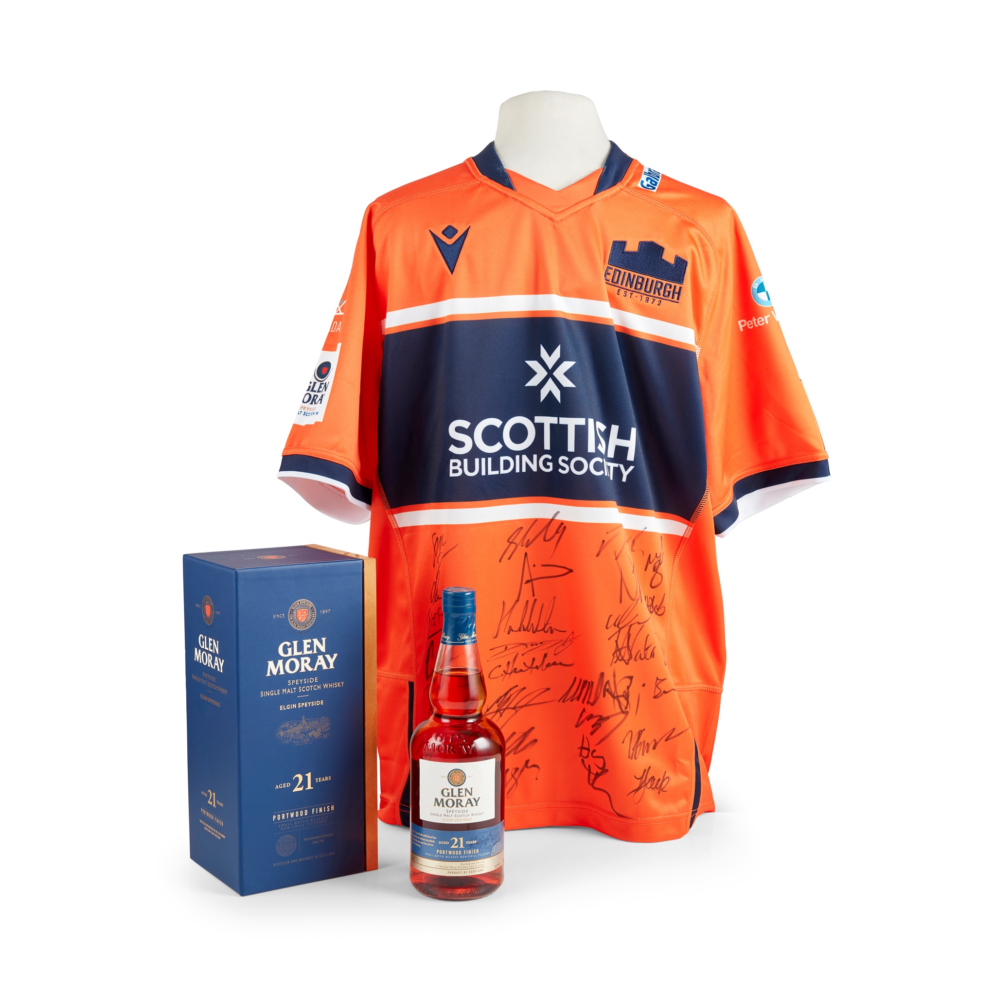 FOUR MATCHDAY HOSPITALITY TICKETS AT EDINBURGH RUGBY, A SIGNED SHIRT AND A GLEN MORAY 21 YEAR OLD PORTWOOD FINISH