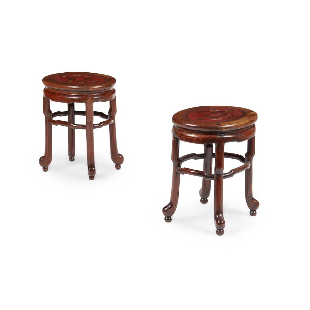 PAIR OF HONGMU STOOLS WITH INSET CLOISONNÉ ENAMEL PANELS