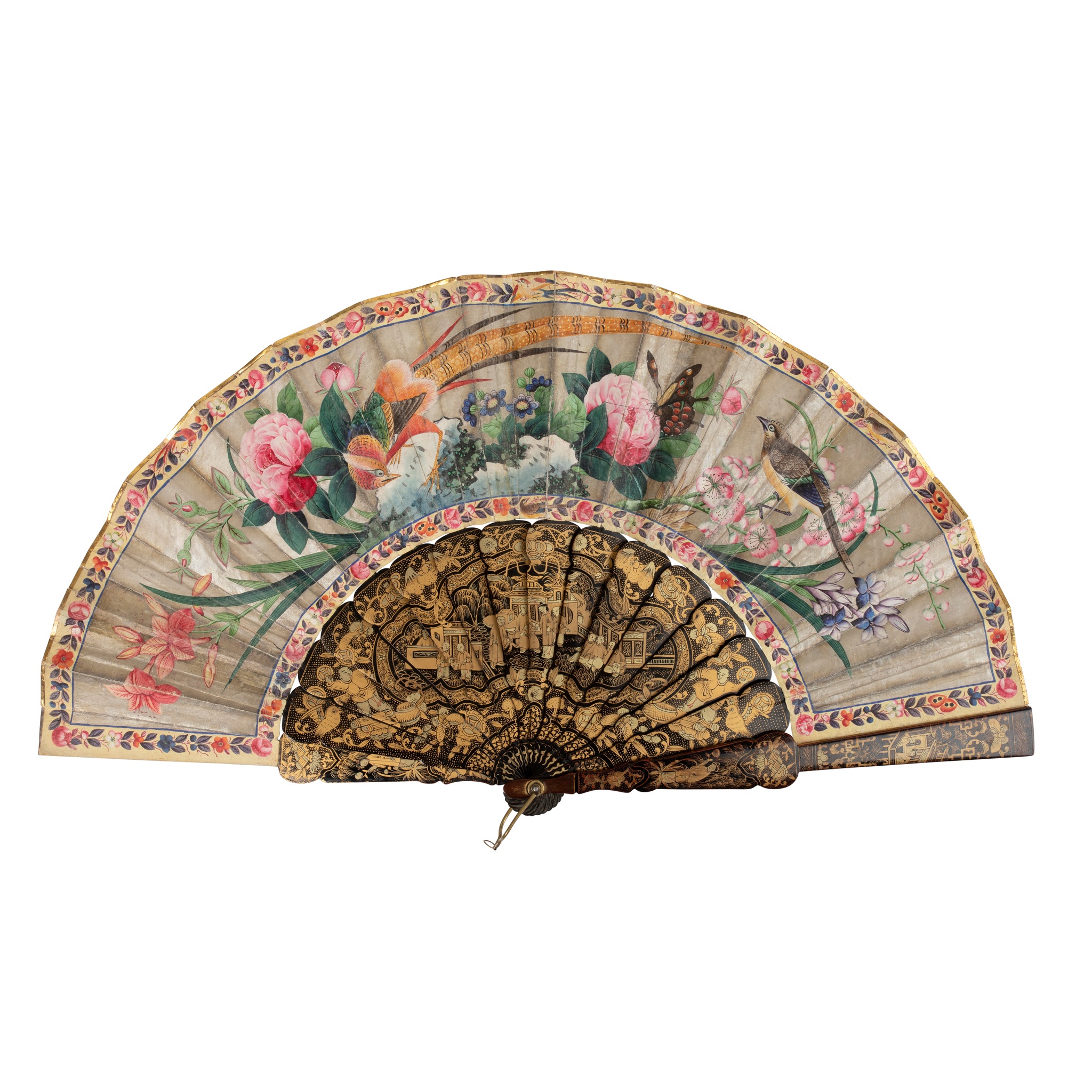 CANTON LACQUERED AND PAPER 'BIRDS AND FLOWER' FAN