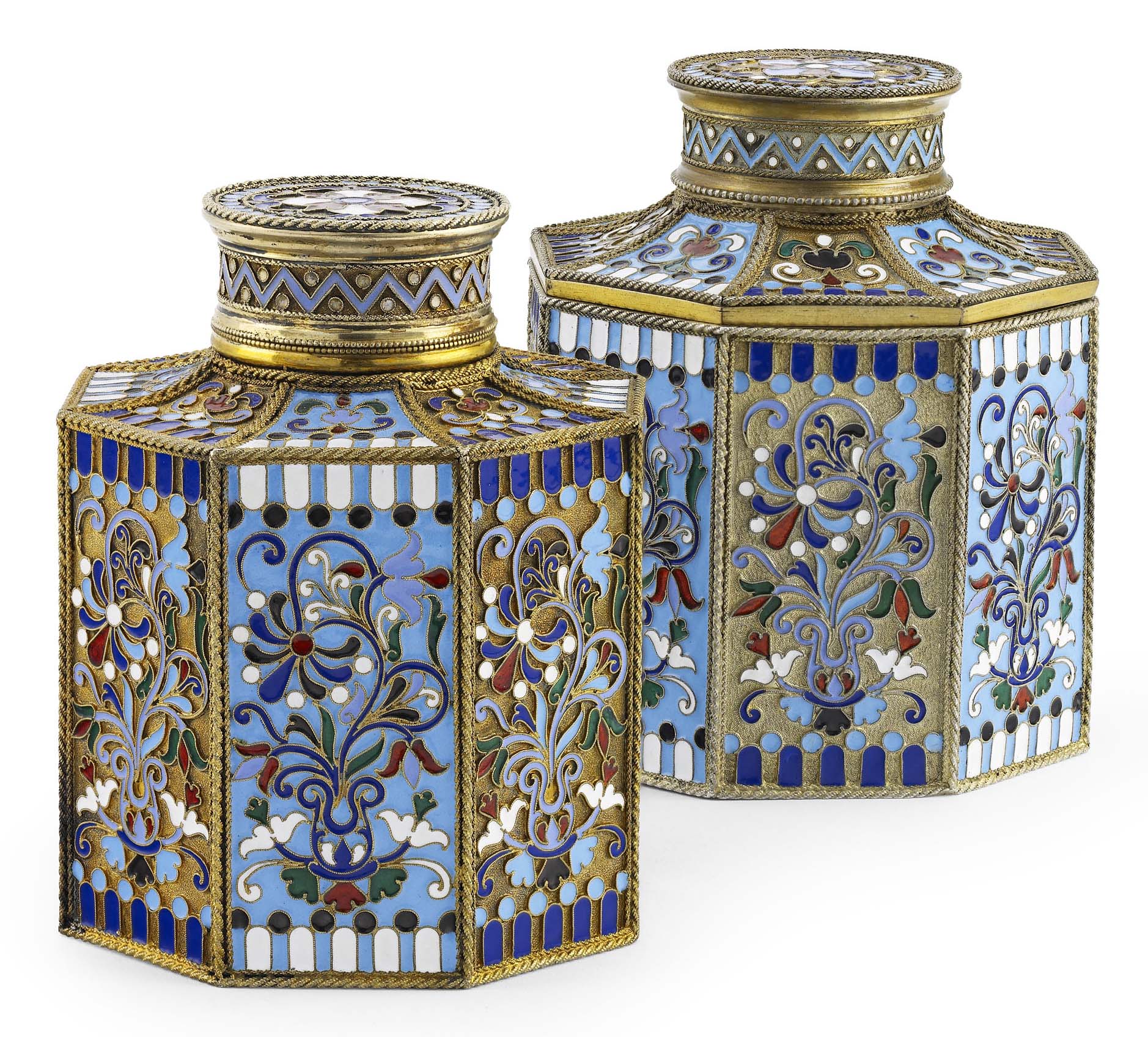 A Russian silver-gilt and cloisonné enamel tea caddy and sugar box