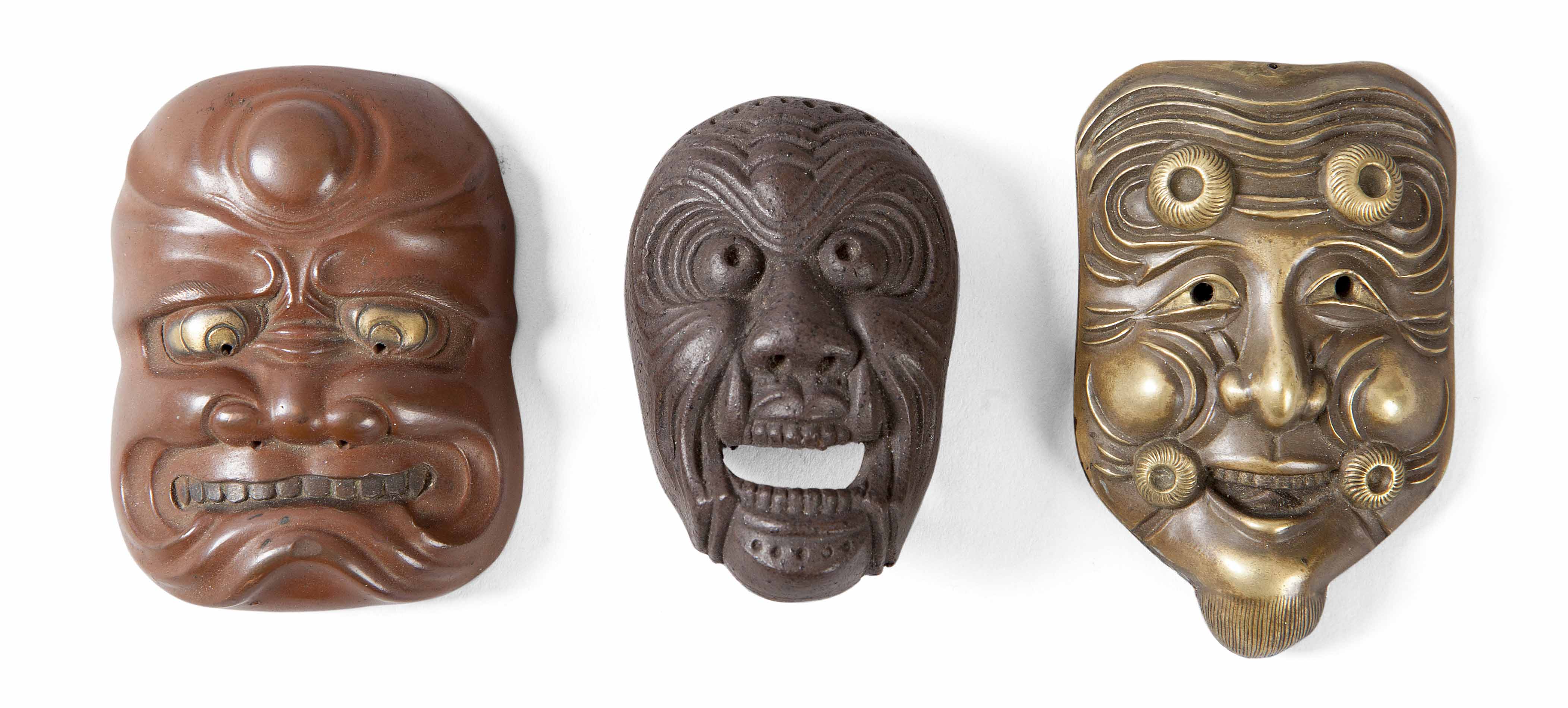 JAPANESE CARVED GILT WOOD MASK NETSUKE