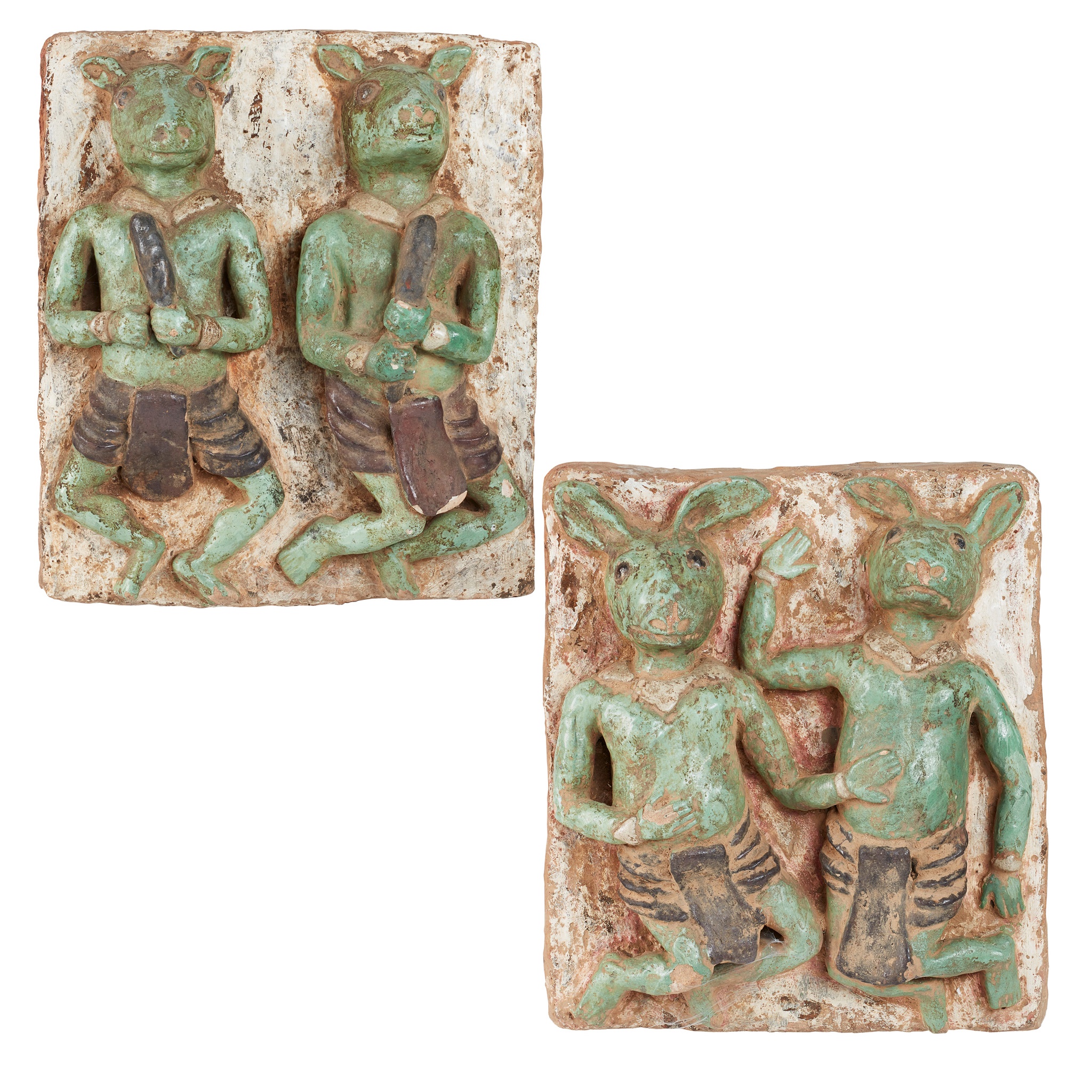 TWO BURMESE PEGU PROVINCE GREEN-GLAZED POTTERY TILES