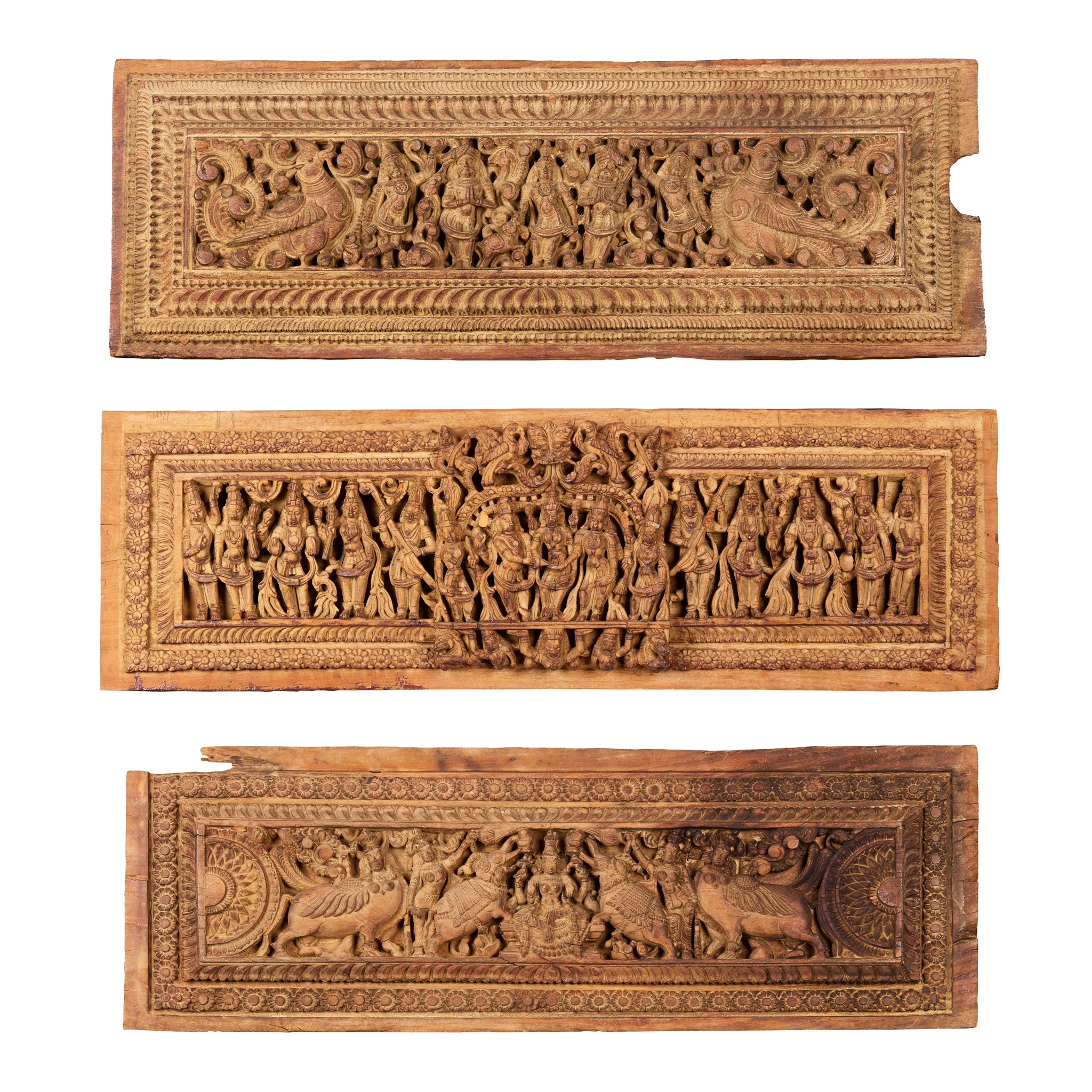 THREE INDIAN CARVED PADOUK WOOD PANELS