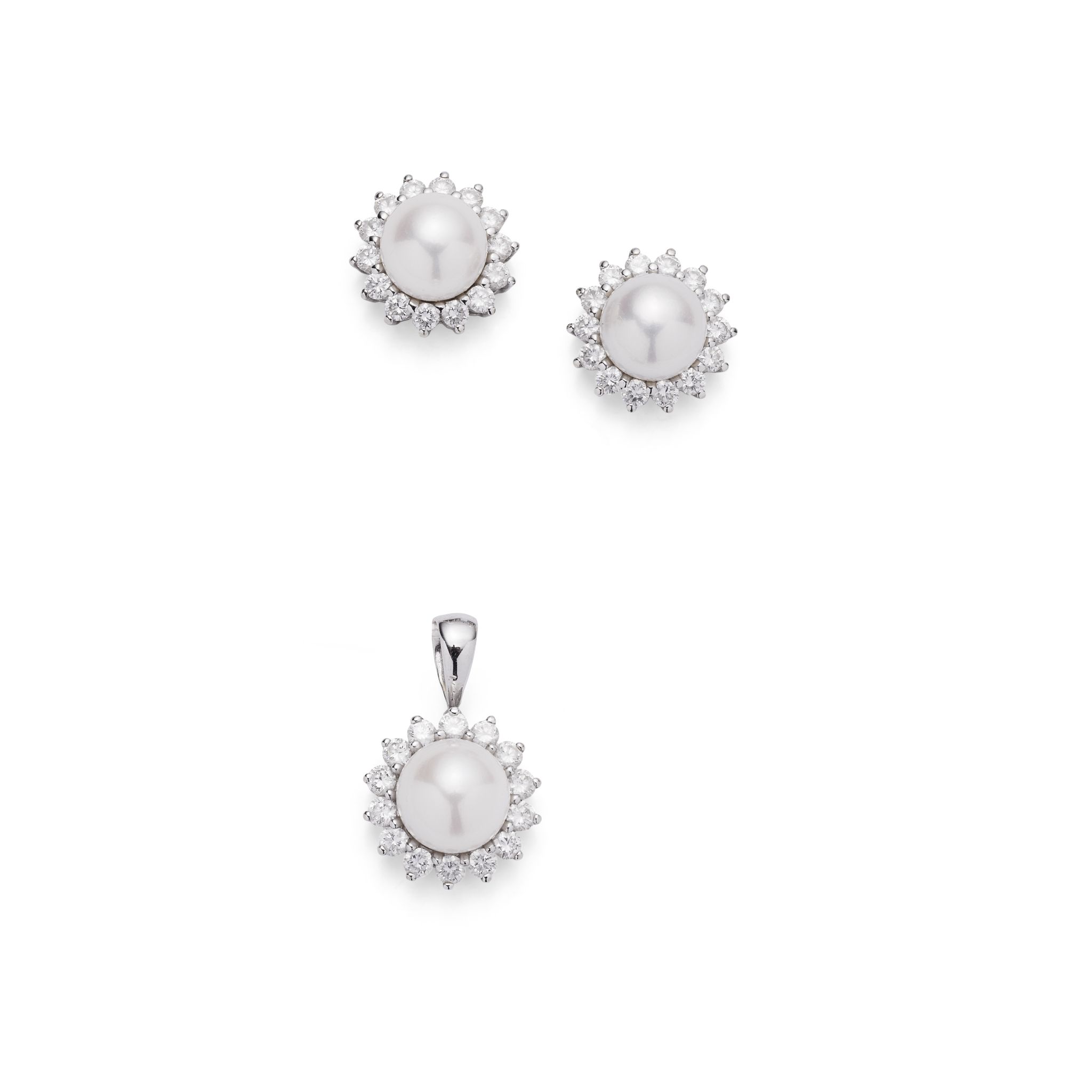 A cultured pearl and diamond pendant and earrings, by Mappin & Webb