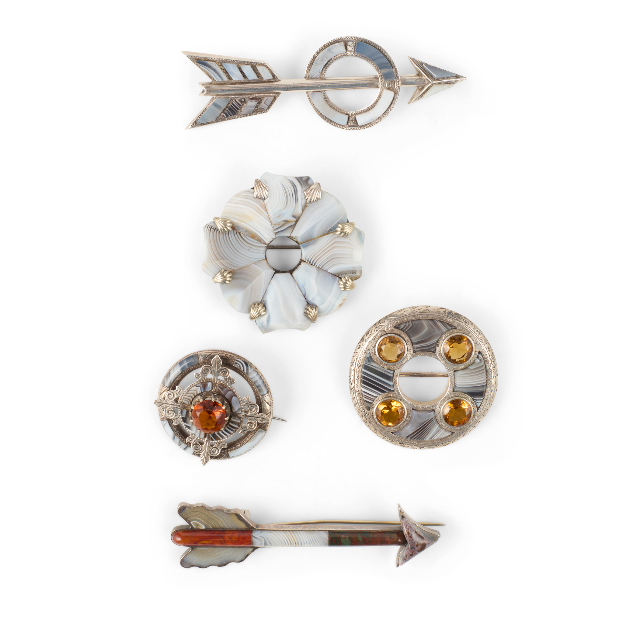 A collection of Montrose agate brooches