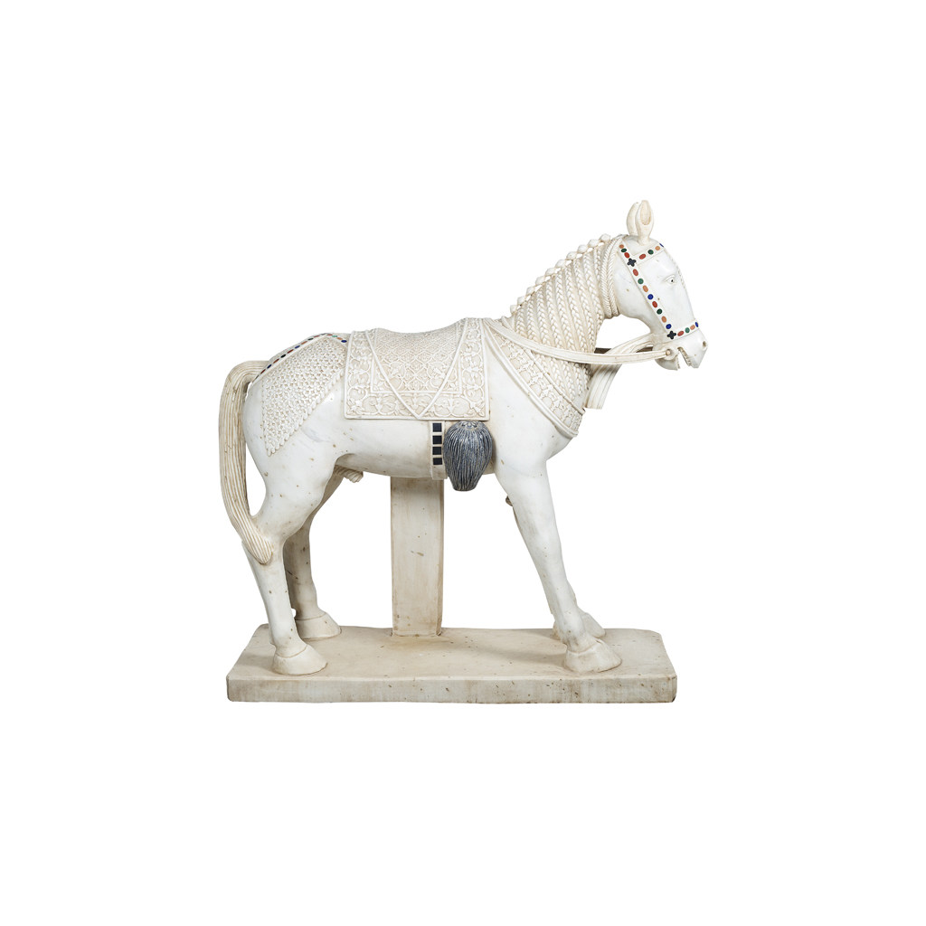 INDIAN MUGHAL-STYLE MARBLE AND HARDSTONE INLAID HORSE