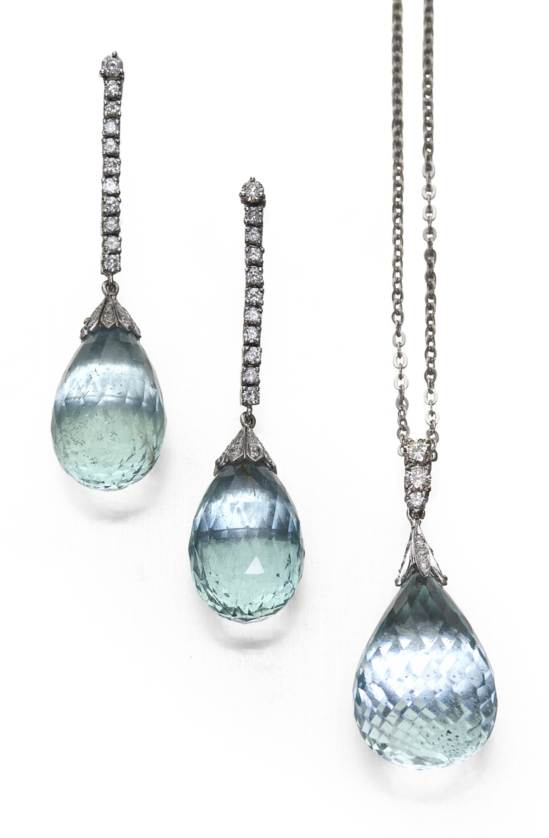 An aquamarine and diamond set suite,