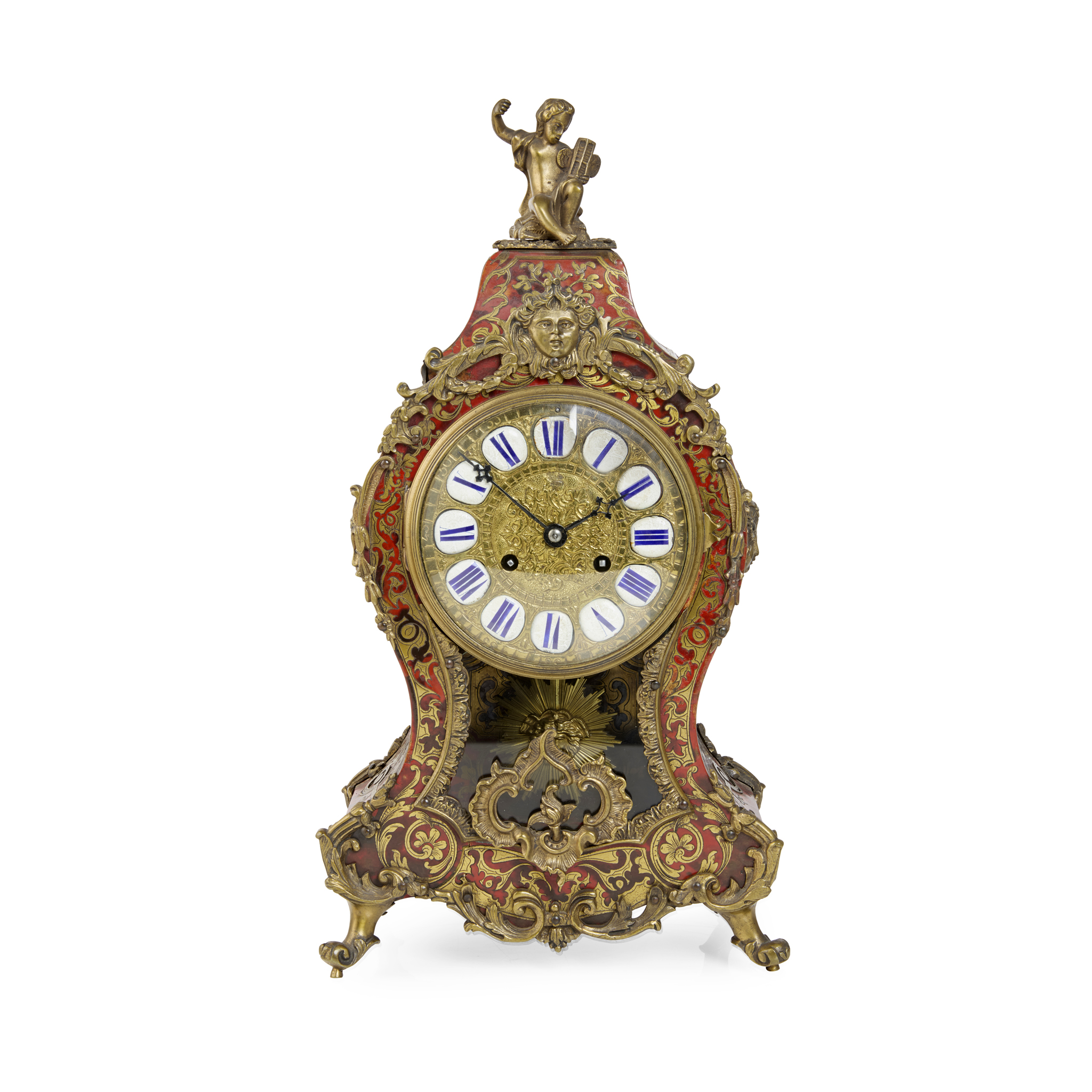 FRENCH BRASS AND RED TORTOISESHELL BOULLE MARQUETRY MANTEL CLOCK