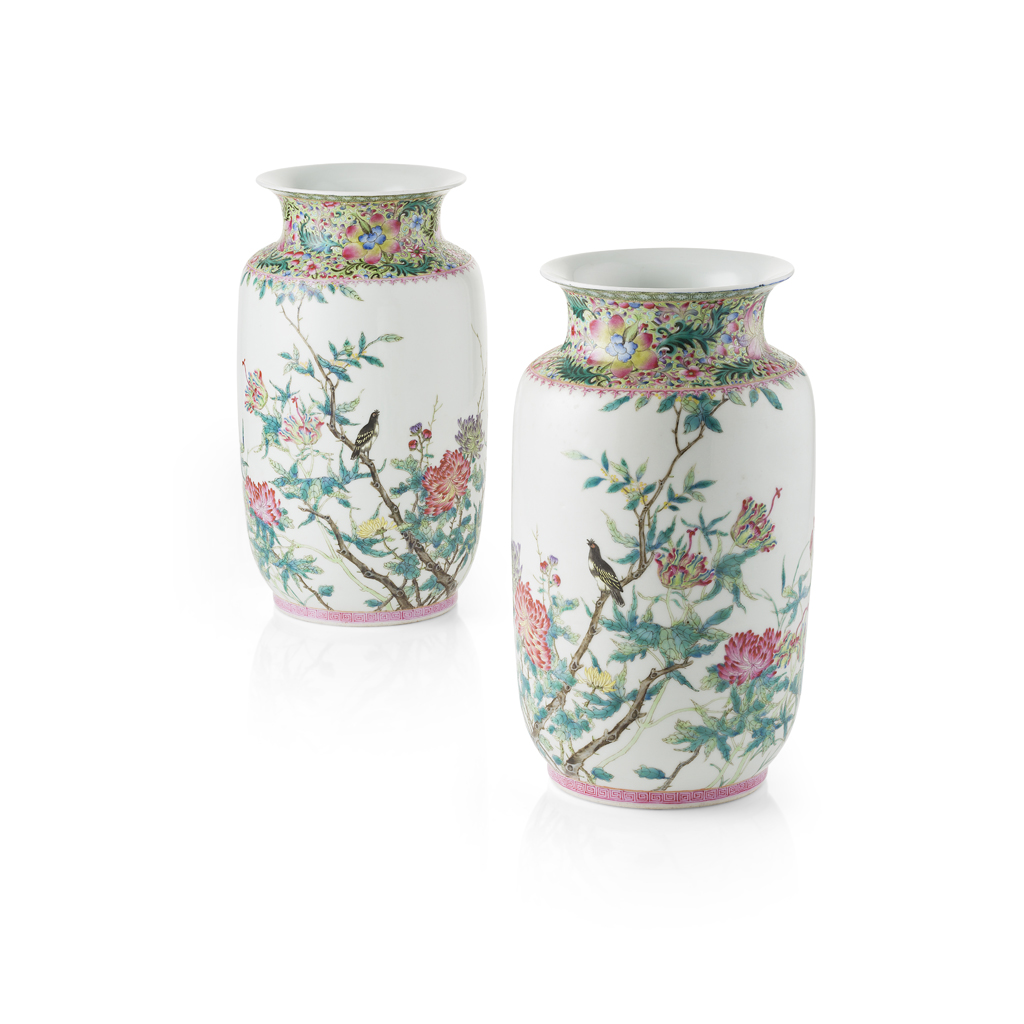 PAIR OF FINELY PAINTED FAMILLE ROSE VASES