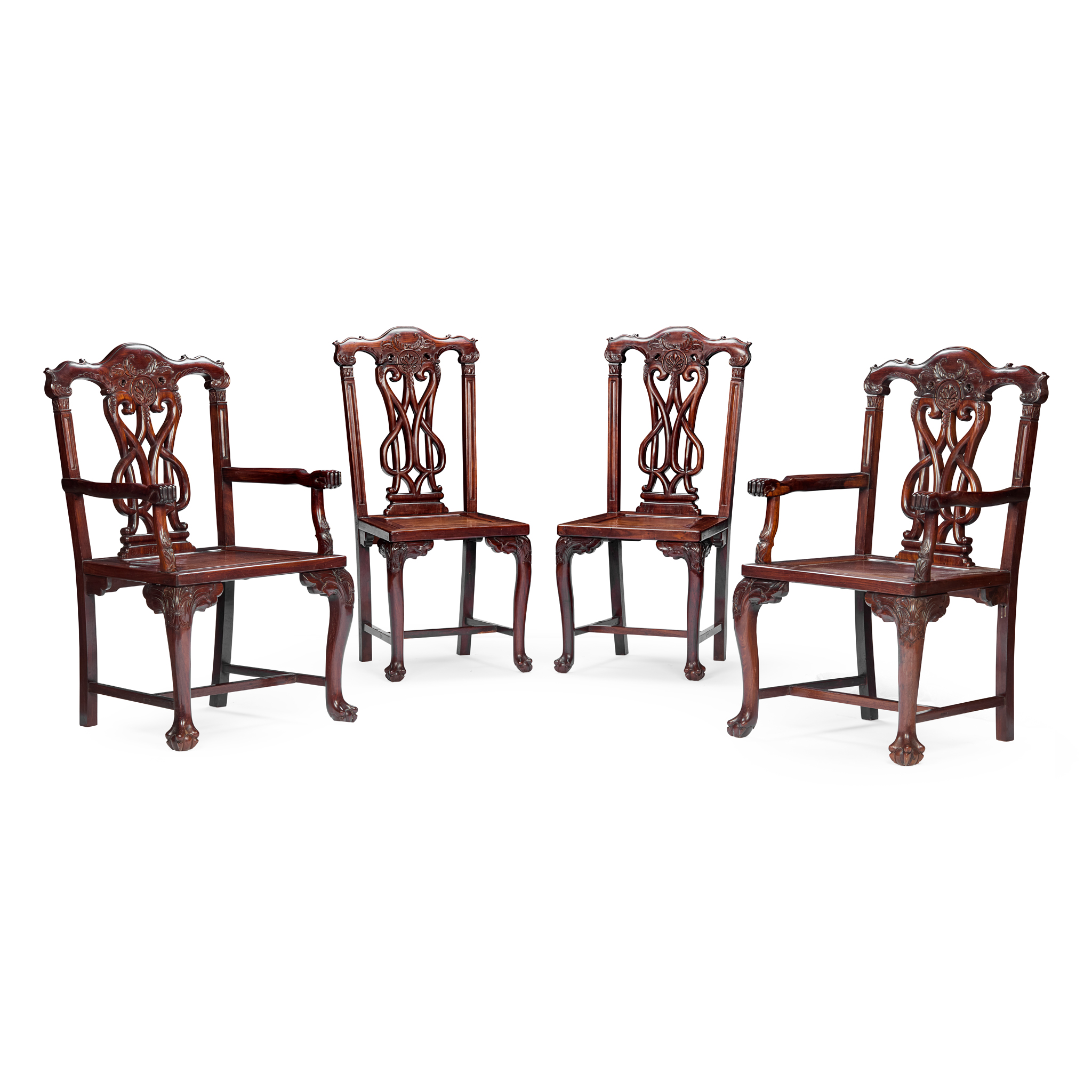 SET OF FOUR ANGLO-CHINESE CARVED HARDWOOD CHAIRS
