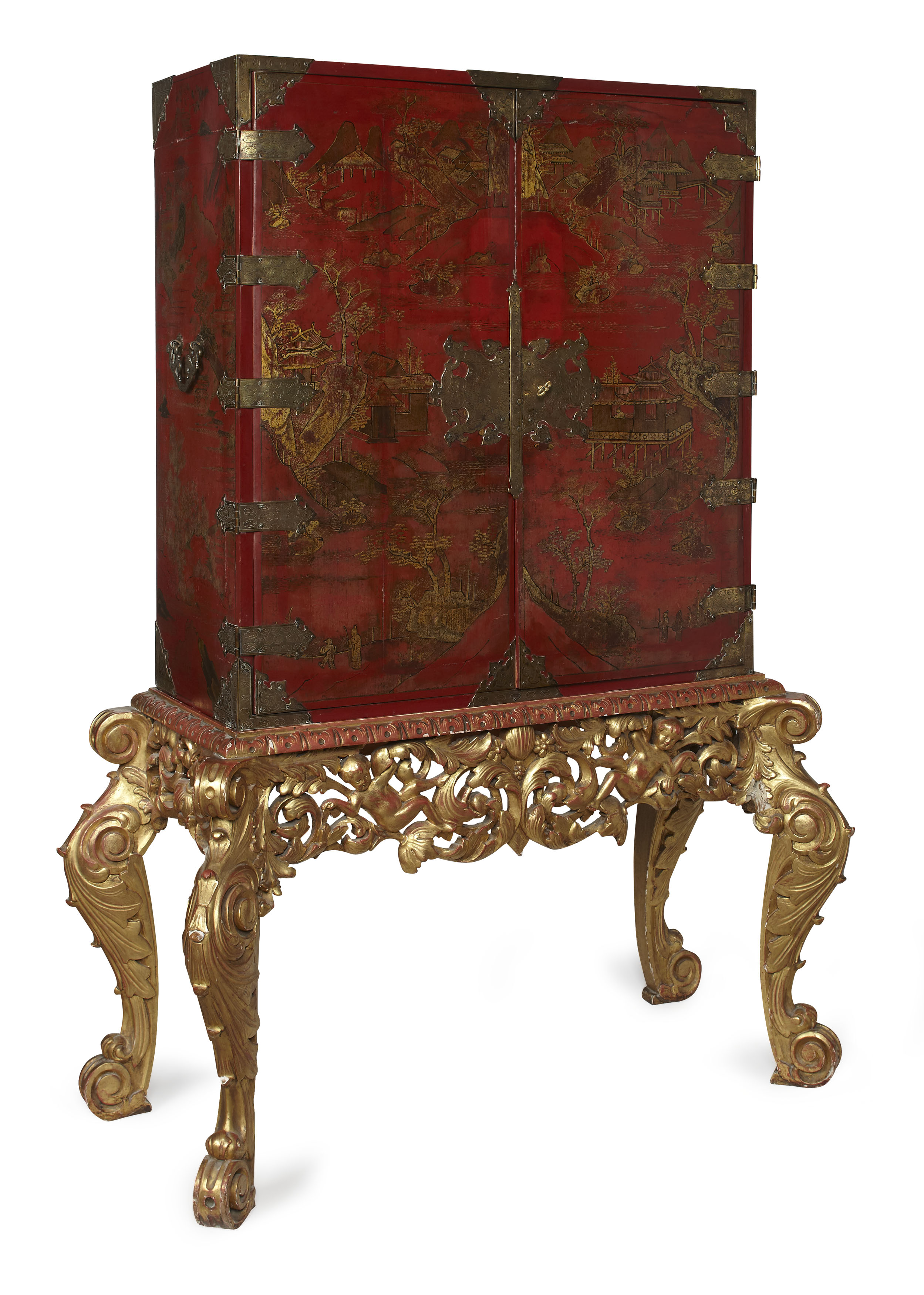 GEORGE II STYLE RED LACQUER CABINET ON STAND