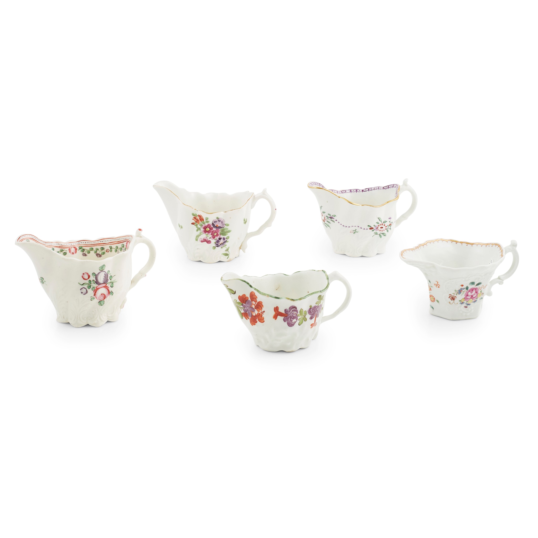 FIVE ENGLISH PORCELAIN 'CHELSEA LOW EWER' CREAMBOATS