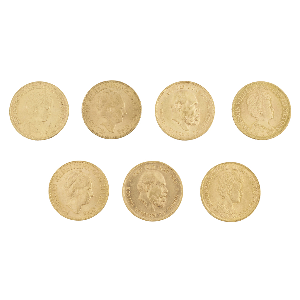 NETHERLANDS - A group of seven ten Guilder gold coins