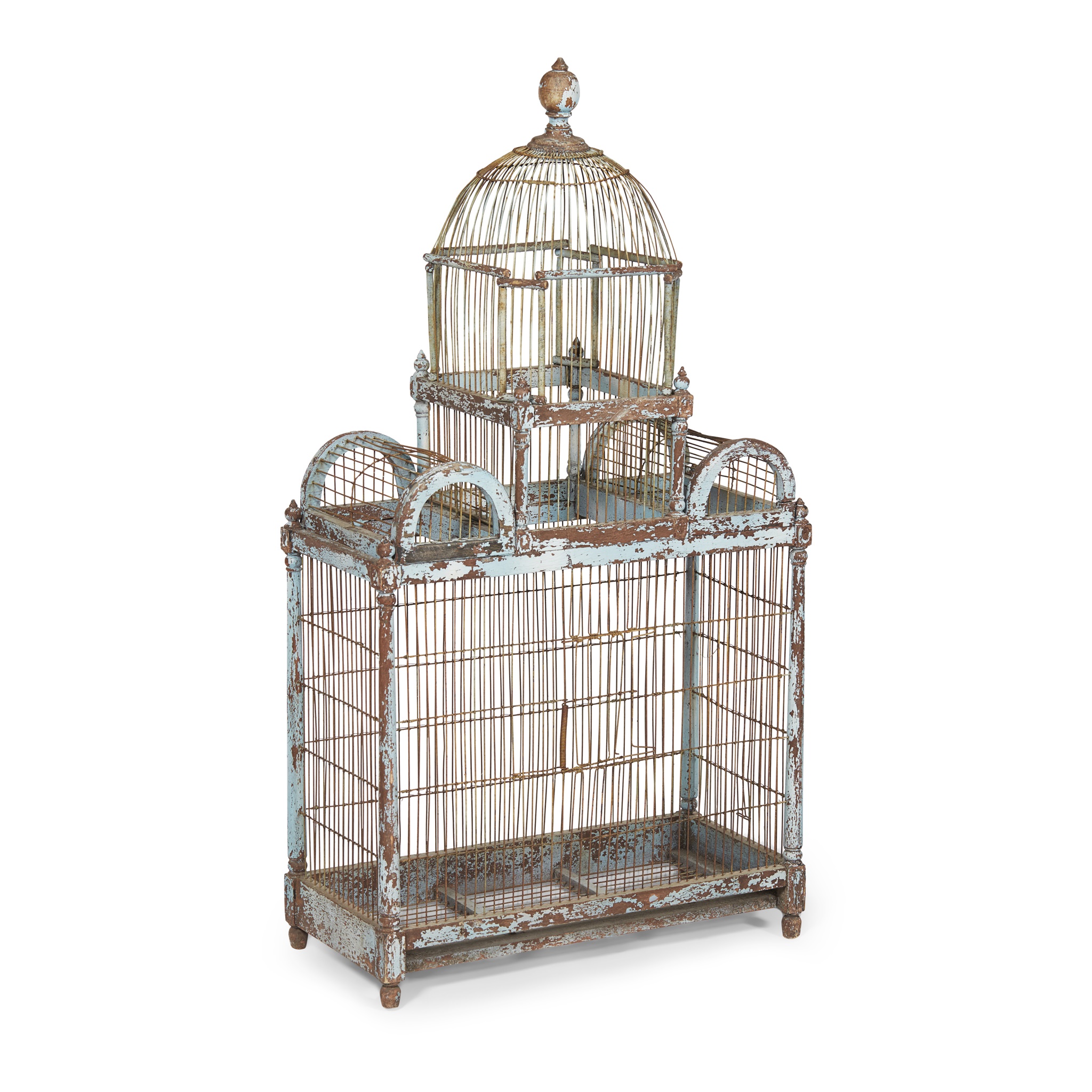 BLUE PAINTED WOOD AND WIRE BIRDCAGE