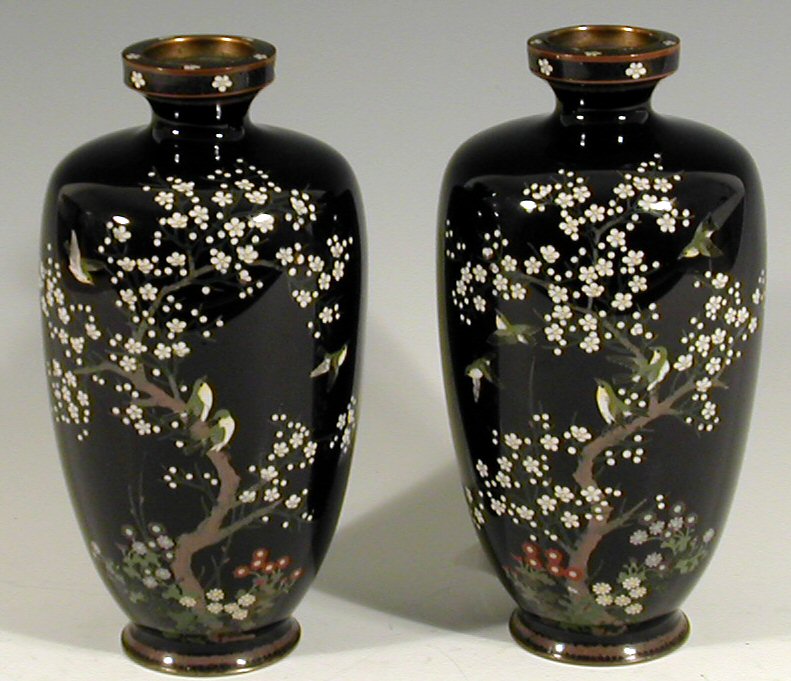 A pair of Japanese baluster navy ground CLOISSONE vases,