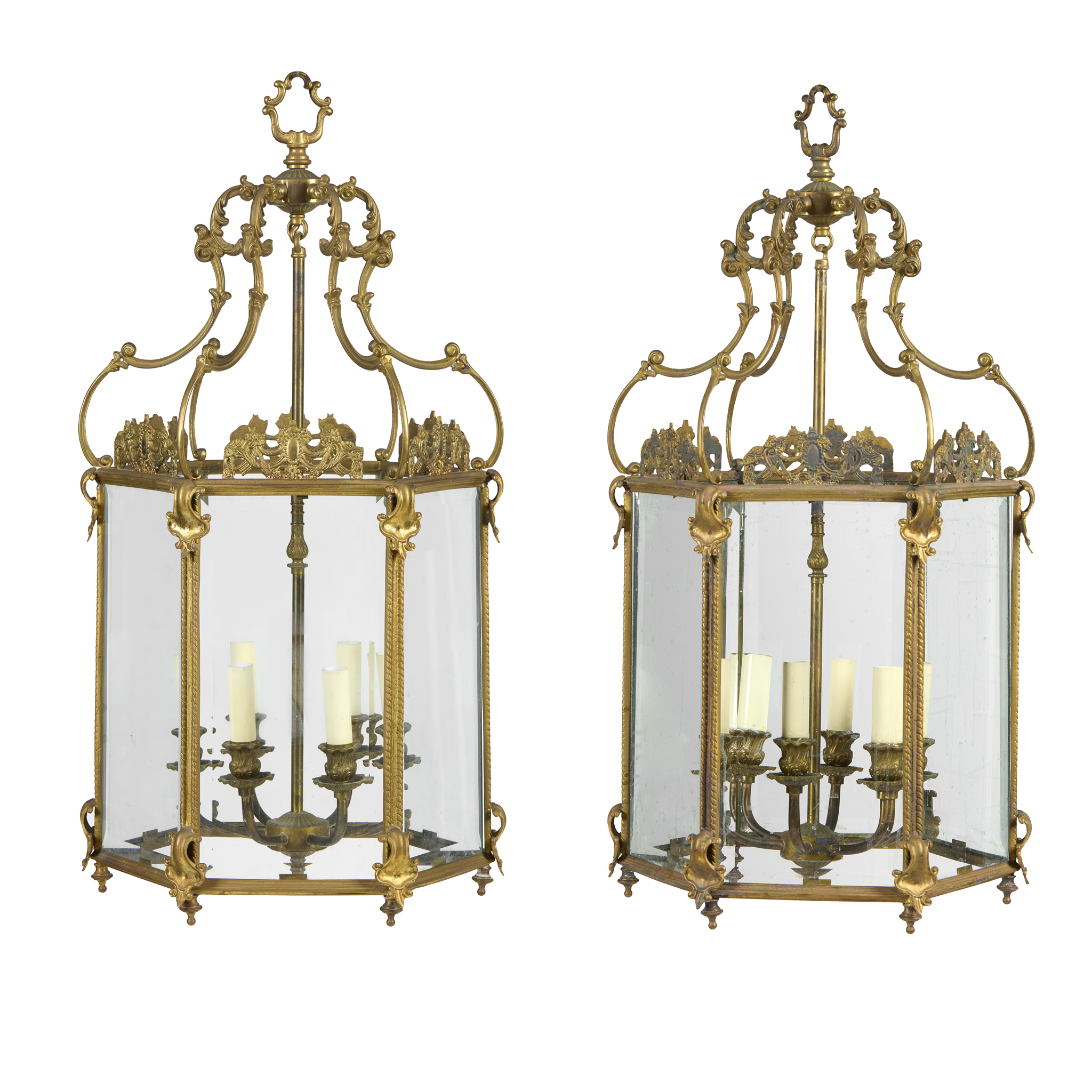 PAIR OF HEXAGONAL BRASS HALL LANTERNS