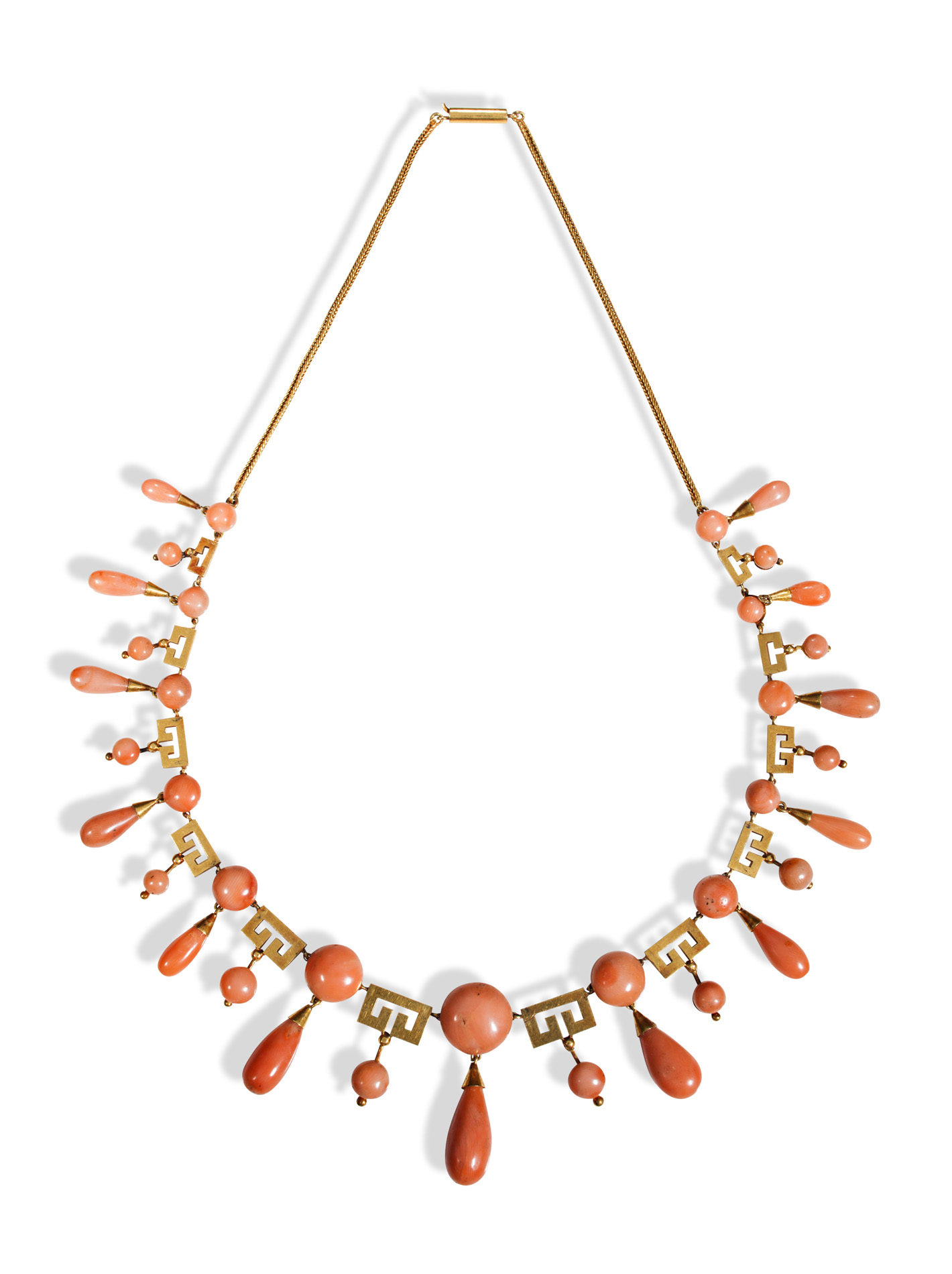 A 19th century yellow metal and coral Grecian revival necklace